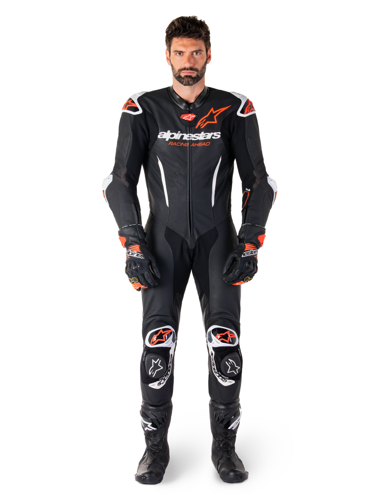 Alpinestars GP-R7, męski skórzany kombinezon jednoczęściowy, czarny i czerwony fluo, profesjonalna odzież wyścigowa.