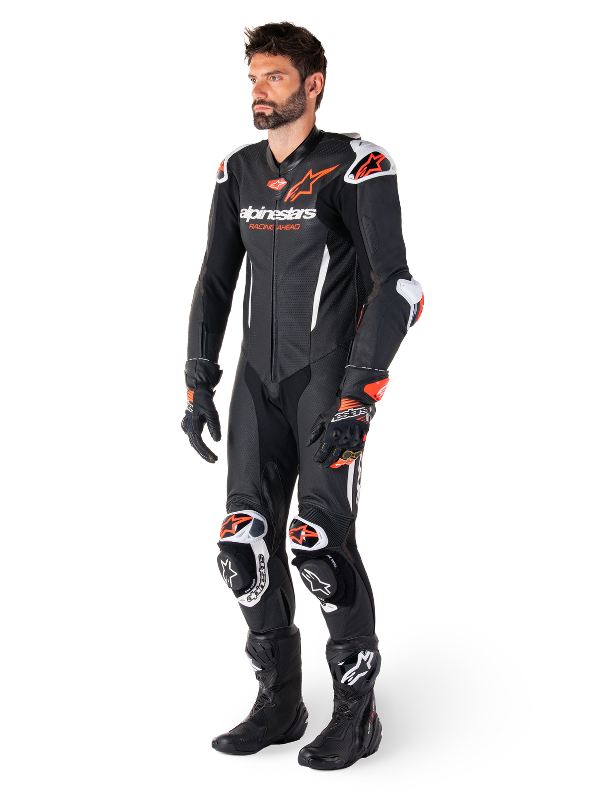 Alpinestars GP-R7 1PC Leather Suit, męski skórzany kombinezon wyścigowy, czarny i czerwony fluo, perforowana konstrukcja.
