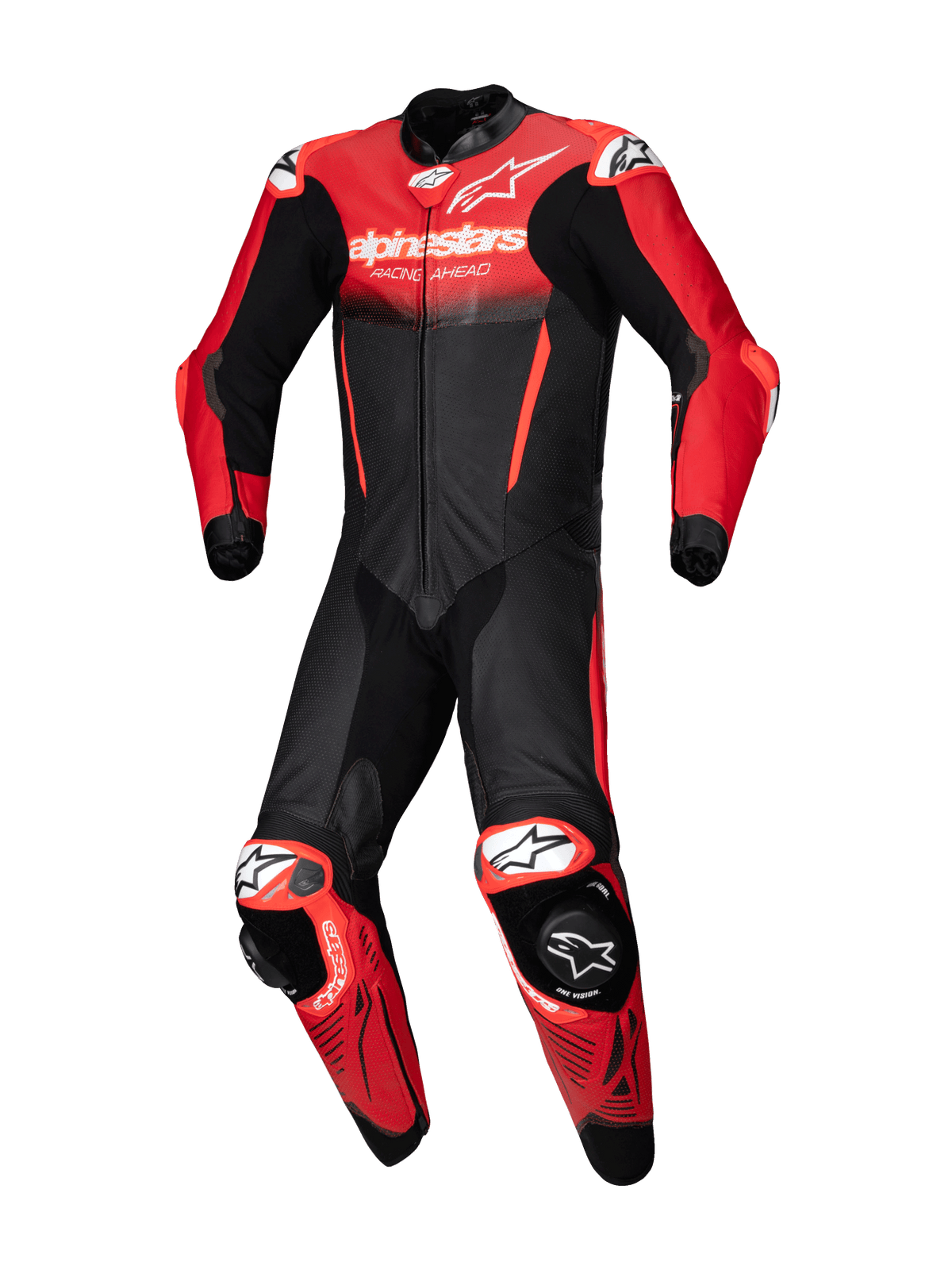 Alpinestars GP-R7 1 Piece Leather Suit, black and red motorcycle racing gear in bovine leather with CE AAA certification.