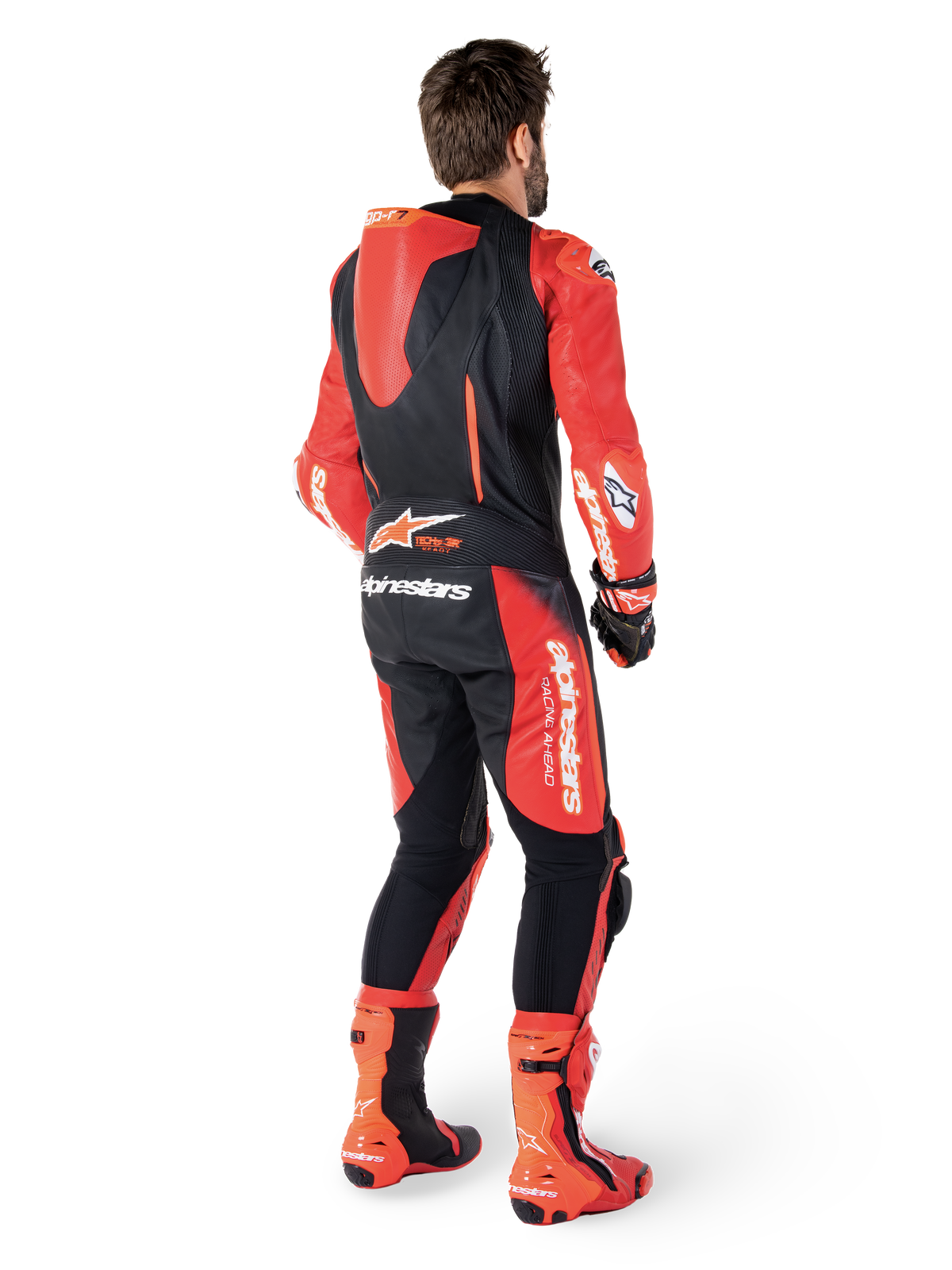 Alpinestars GP-R7 1 Sztuka, skórzany kombinezon wyścigowy, czarny i czerwony, z aerodynamicznym garbem i protektorami PLASMA Pro.