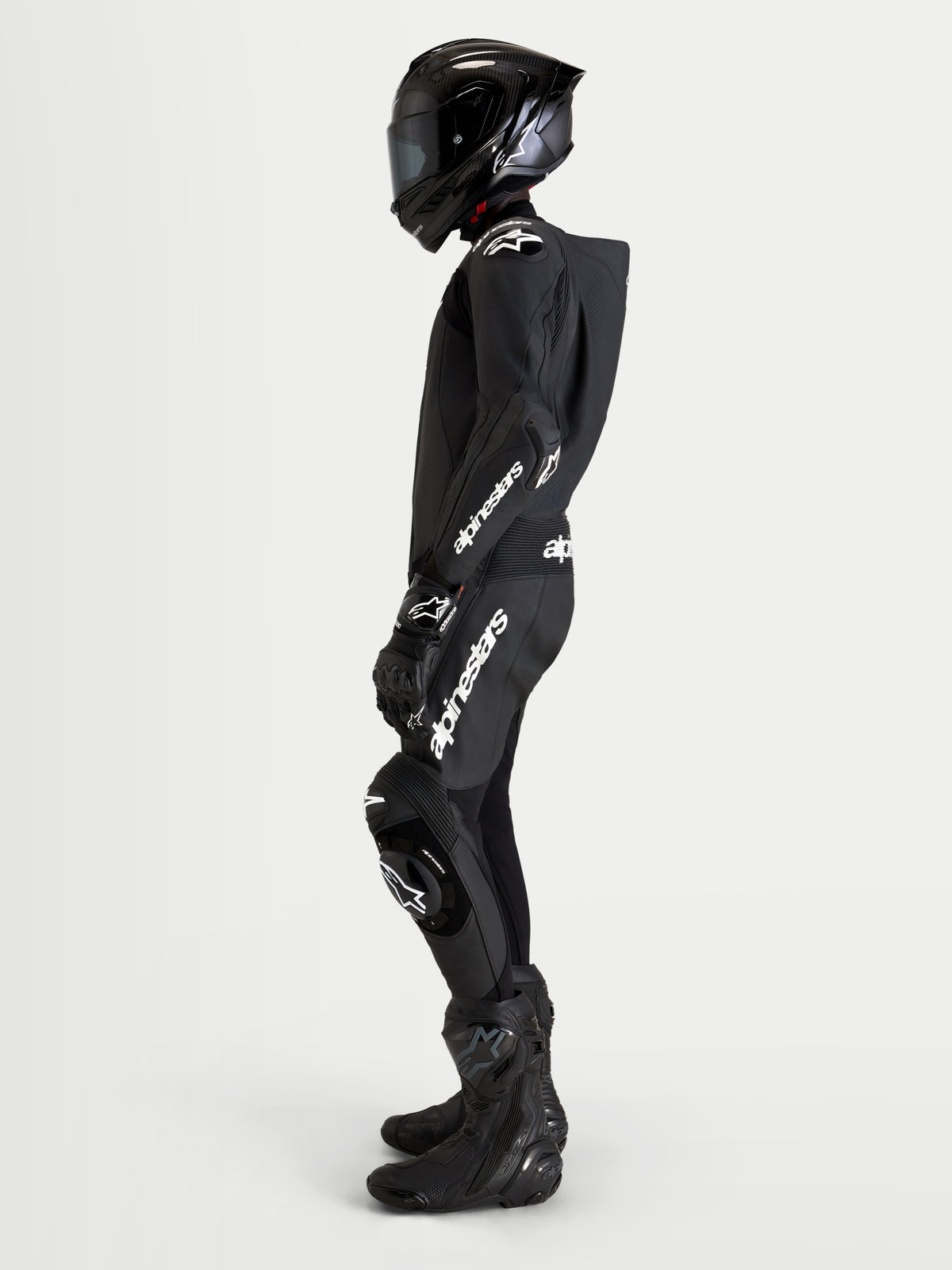Alpinestars Missile V3 Leather Suit 1 Piece, Black, on-model motorcycle racing leather suit with aerodynamic speed hump and CE certified protection