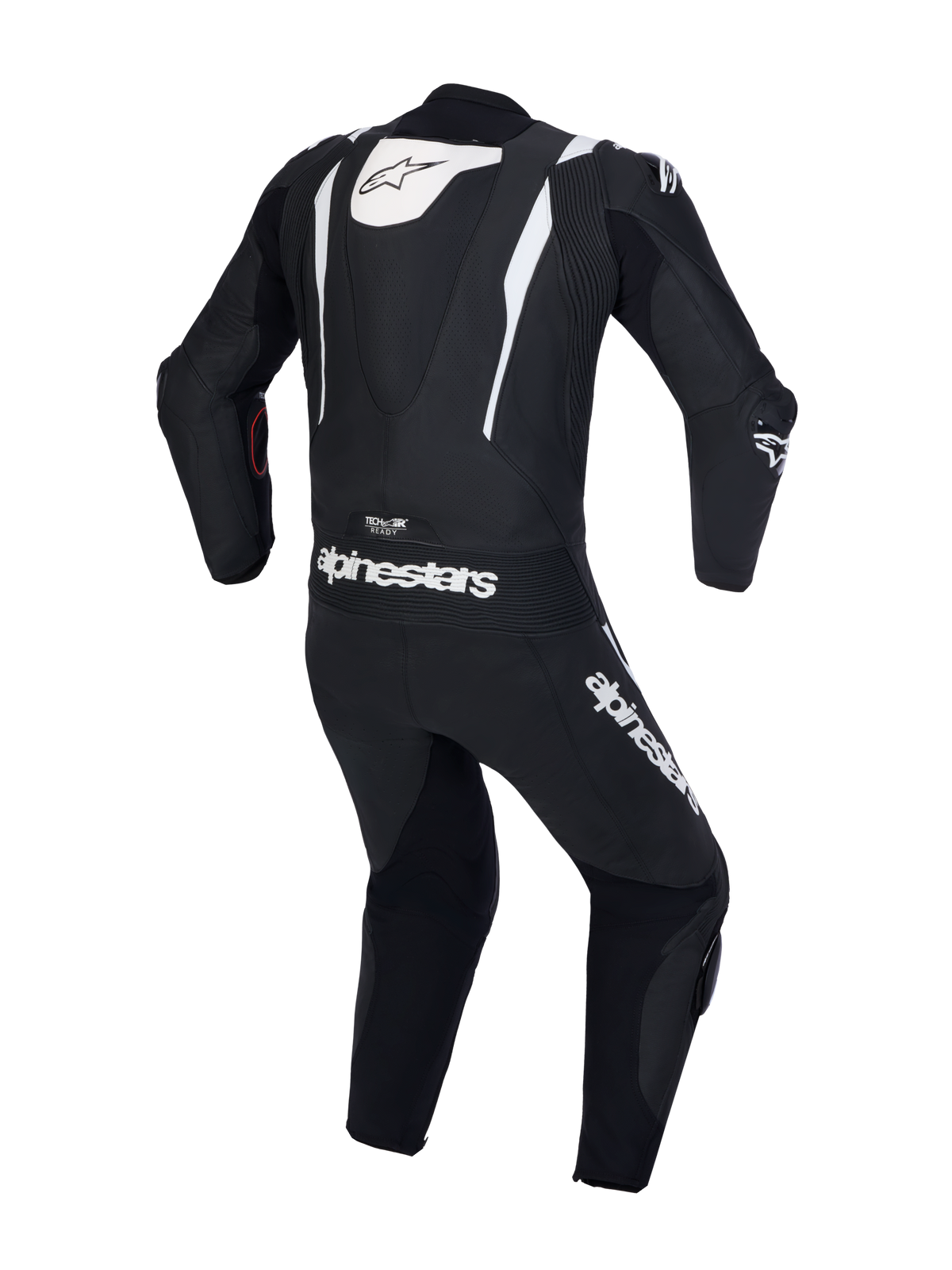Alpinestars Missile V3 1-Piece Leather Suit, czarny i biały jednoczęściowy skórzany kombinezon motocyklowy, widok z tyłu pokazujący aerodynamiczny garb i certyfikowaną ochronę CE