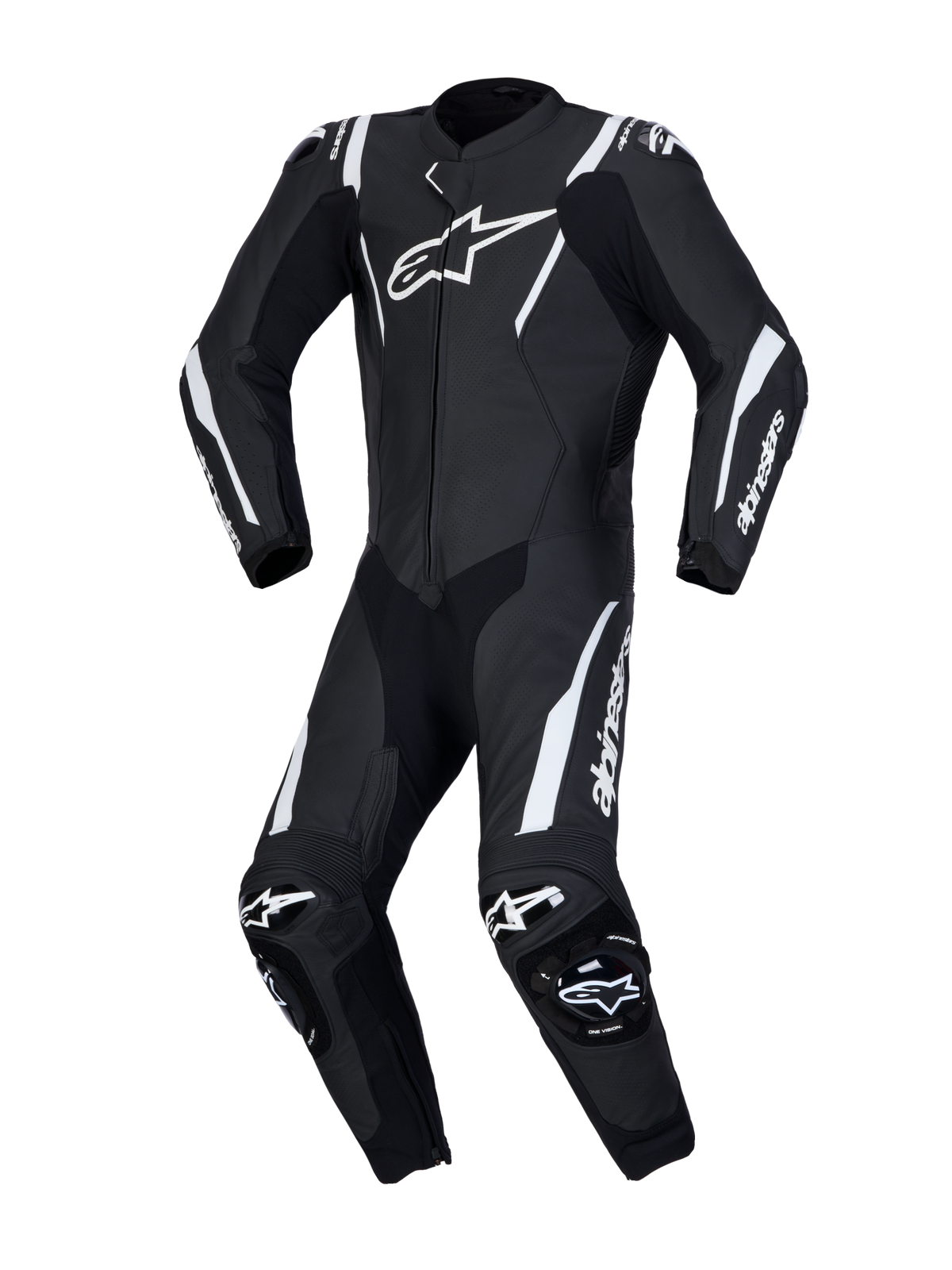 Alpinestars Missile V3 Leather Suit 1 Piece, czarno-biały skórzany kombinezon wyścigowy, zintegrowane ochraniacze DFS ST i aerodynamiczny garb