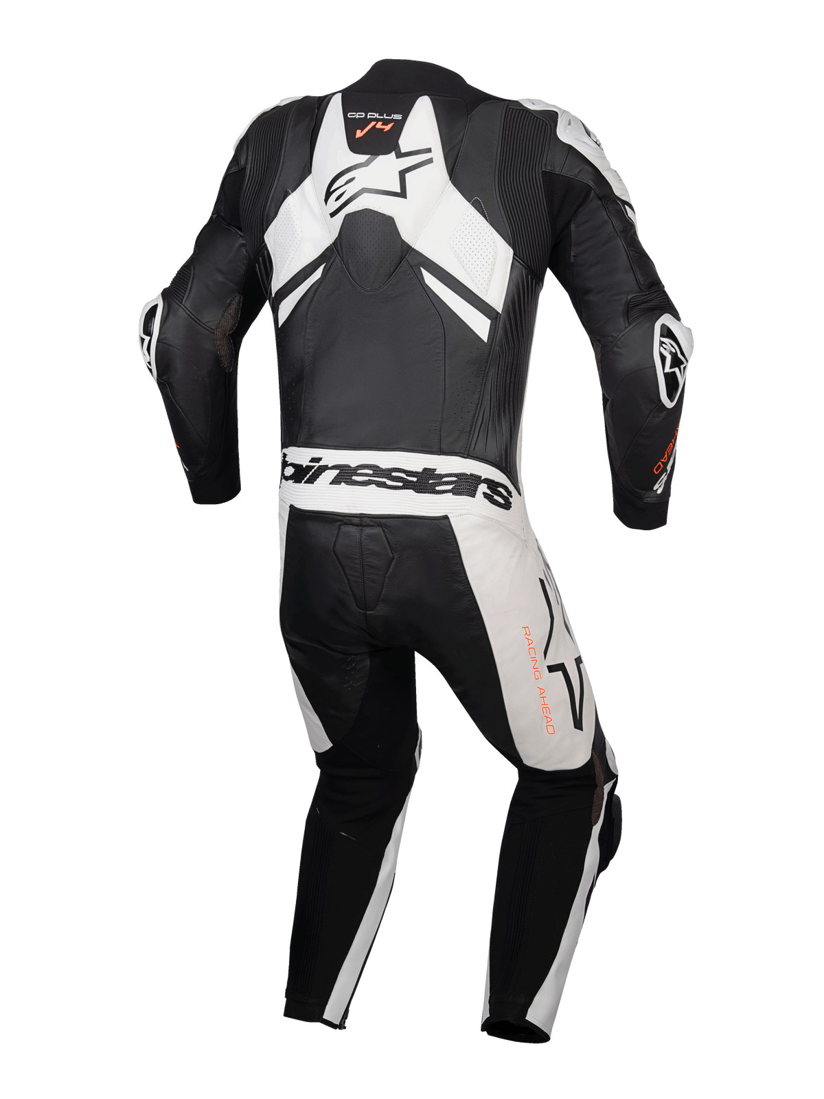 Skórzany kombinezon Alpinestars GP Plus V4 Sprint 1 Sztuka, męski model wyścigowy, czarny i biały, z garbem aerodynamicznym.