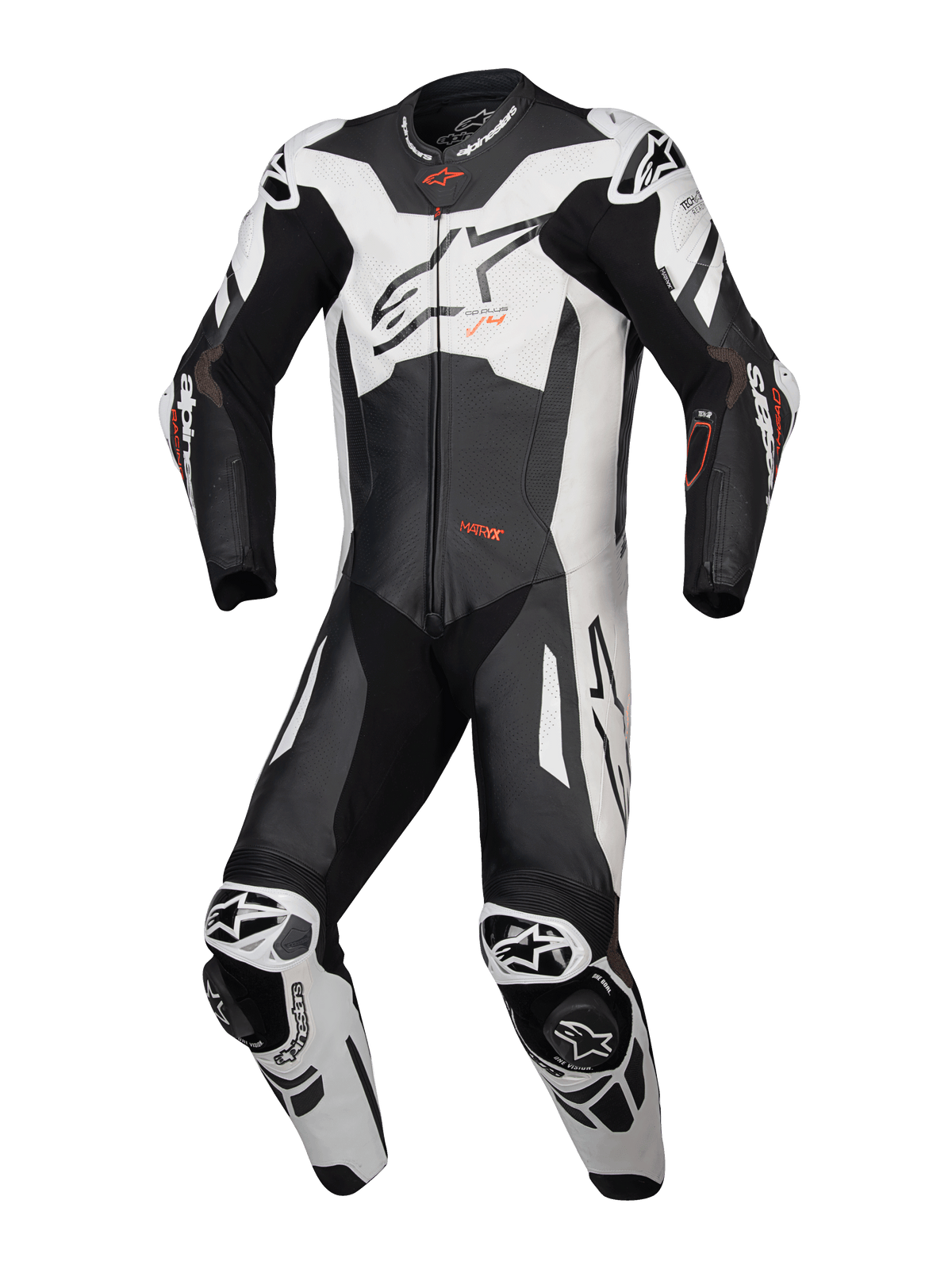 Alpinestars skórzany kombinezon GP Plus V4 Sprint 1 Sztuka, męski motocyklowy kombinezon wyścigowy, czarny i biały z czerwonymi akcentami fluo, Tech-Air Ready, certyfikat CE AAA.