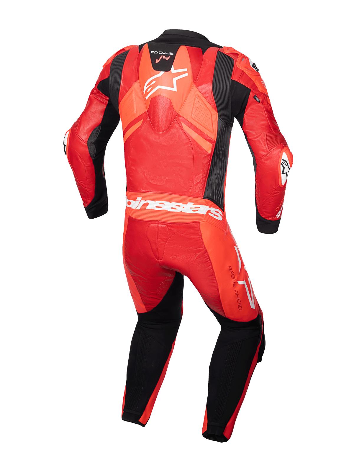 Alpinestars GP Plus V4 Sprint, męski skórzany kombinezon wyścigowy, czerwony i czarny, z garbem aerodynamicznym.