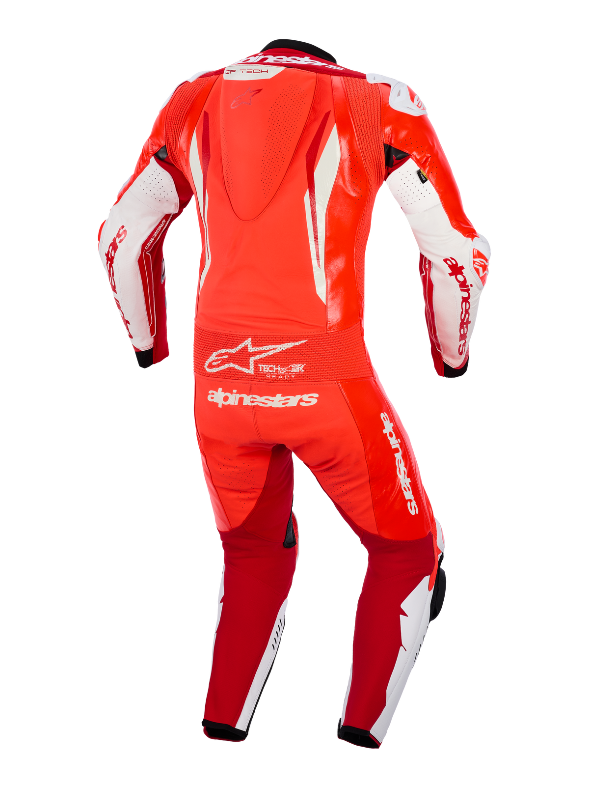 Kombinezon skórzany Alpinestars GP Tech V5 One Piece, czerwony fluo, jaskrawoczerwony i biały, widok z tyłu pokazujący garb aerodynamiczny, elastyczny panel akordeonowy w talii i wyraźne białe logo Alpinestars, profesjonalna odzież wyścigowa na tor motocyklowy