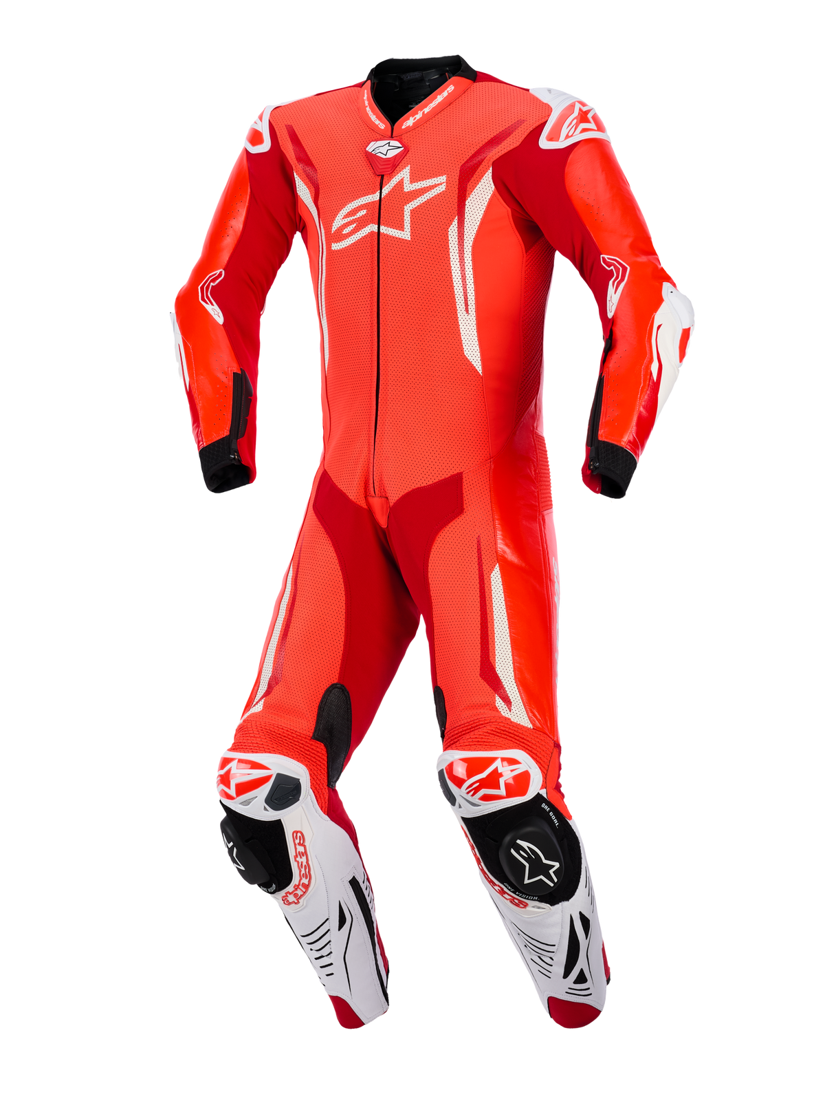 Alpinestars GP Tech V5 One Piece Leather Suit, jednoczęściowy kombinezon skórzany, czerwony fluo, jasnoczerwony i biały, widok z przodu, profesjonalny kombinezon wyścigowy z perforowaną skórą, białymi akcentami aerodynamicznymi i zintegrowanymi sliderami kolan