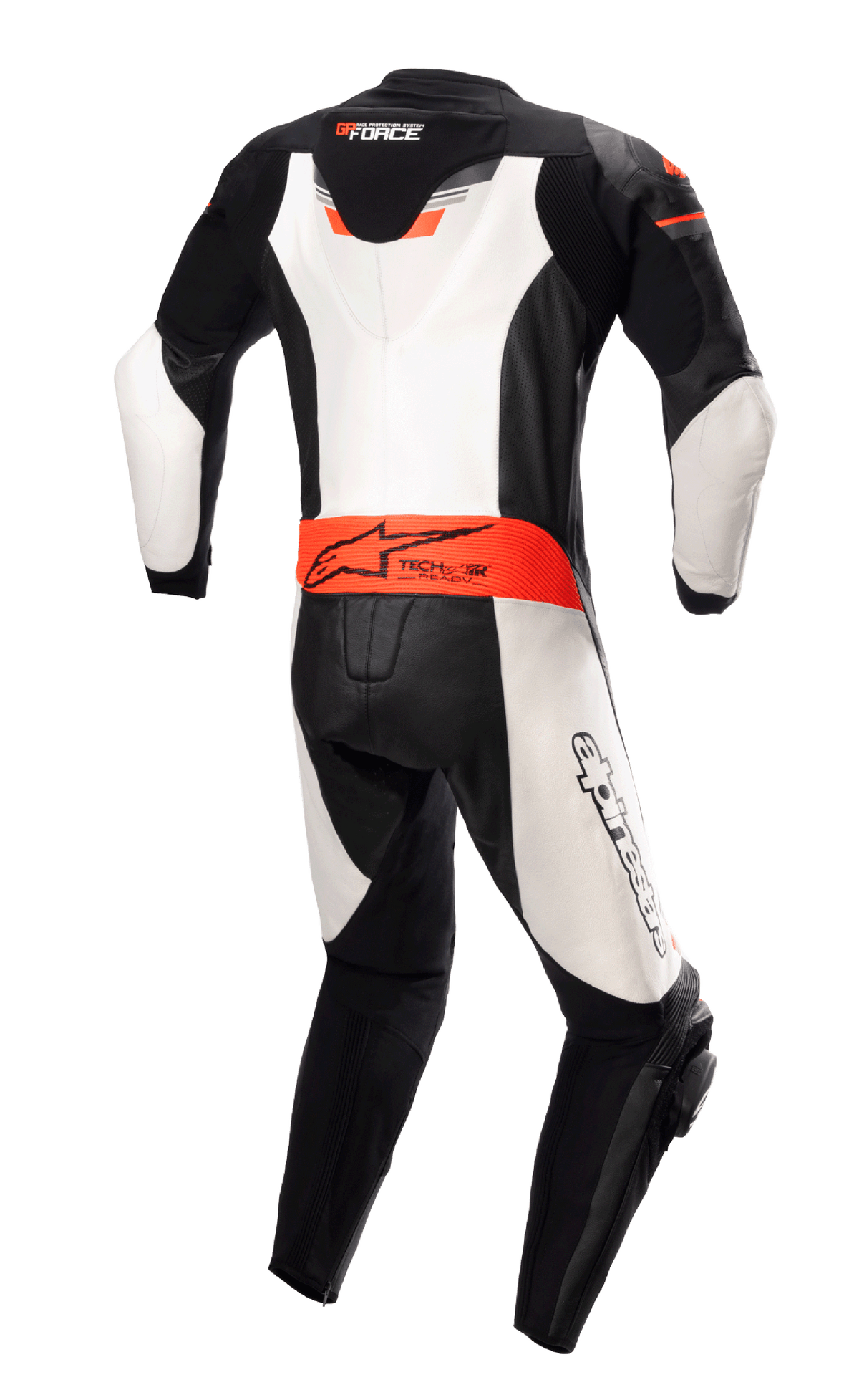 Alpinestars GP Force Chaser One Piece Leather Suit, widok z tyłu, czarny, biały i czerwony fluo, aerodynamiczny garb, oznaczenie Tech-Air Ready w pasie, białe skórzane panele, profesjonalny motocyklowy kombinezon wyścigowy ze skóry bydlęcej