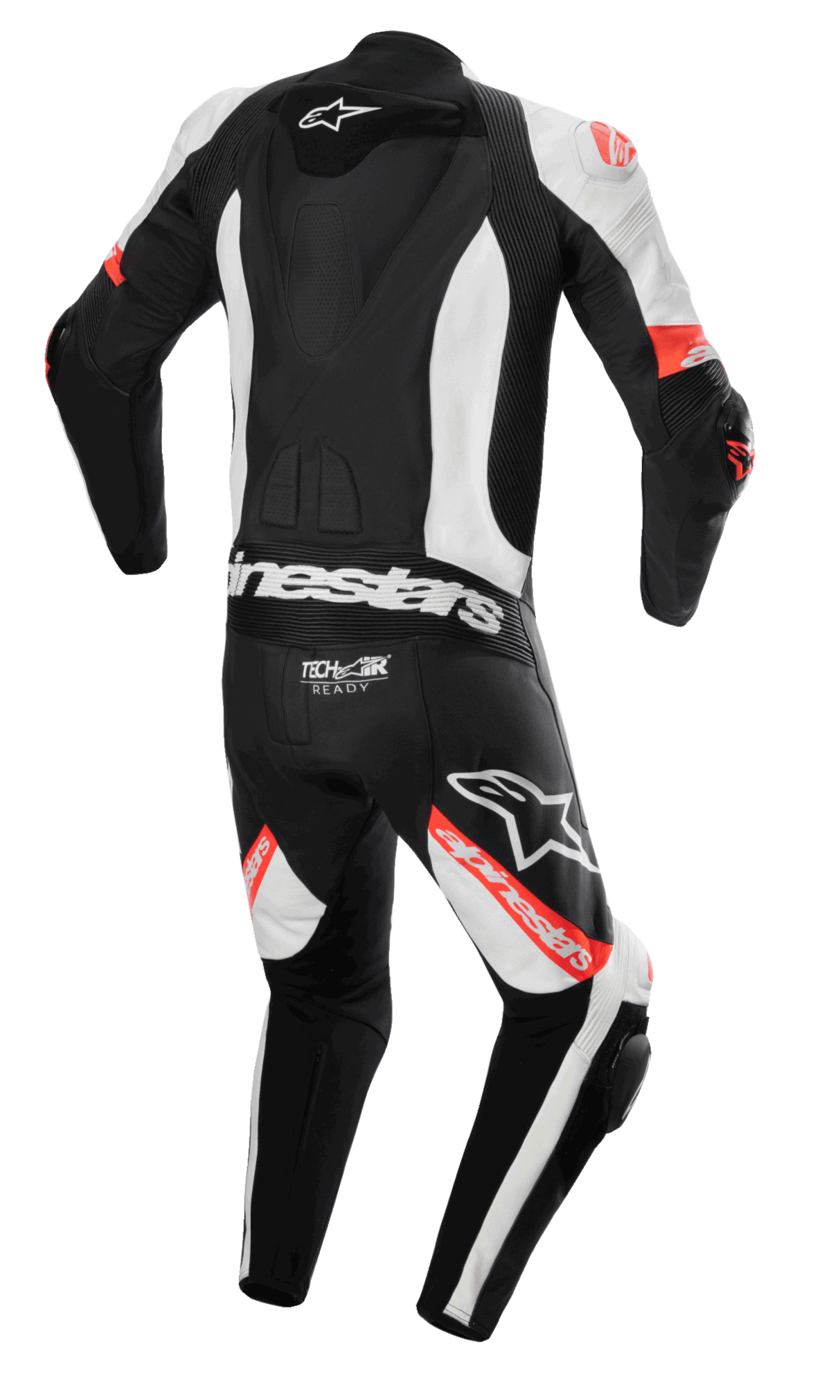 Alpinestars Missile V2 Ward 1-Piece Leather Suit, jednoczęściowy kombinezon motocyklowy, czarno-biało-czerwony fluo, widok z tyłu z aerodynamicznym garbem, logo Tech-Air Ready na dole pleców, elastyczne panele akordeonowe i wyraźne logo Alpinestars na nogawkach i plecach