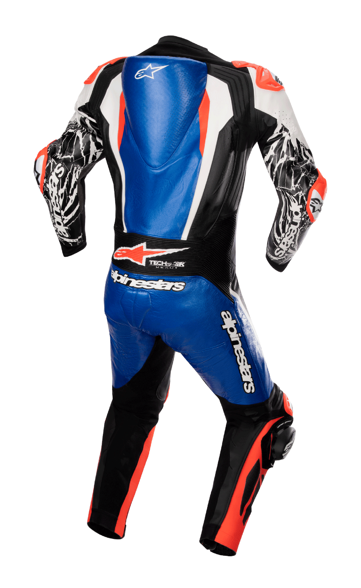 Alpinestars Racing Absolute V2 One Piece Leather Suit, jednoczęściowy kombinezon skórzany, widok z tyłu, kolor metaliczny niebieski, czarny, biały i czerwony fluo, aerodynamiczny garb na plecach, wyraźne logo Alpinestars, kompozytowe panele stretch, profesjonalna odzież wyścigowa