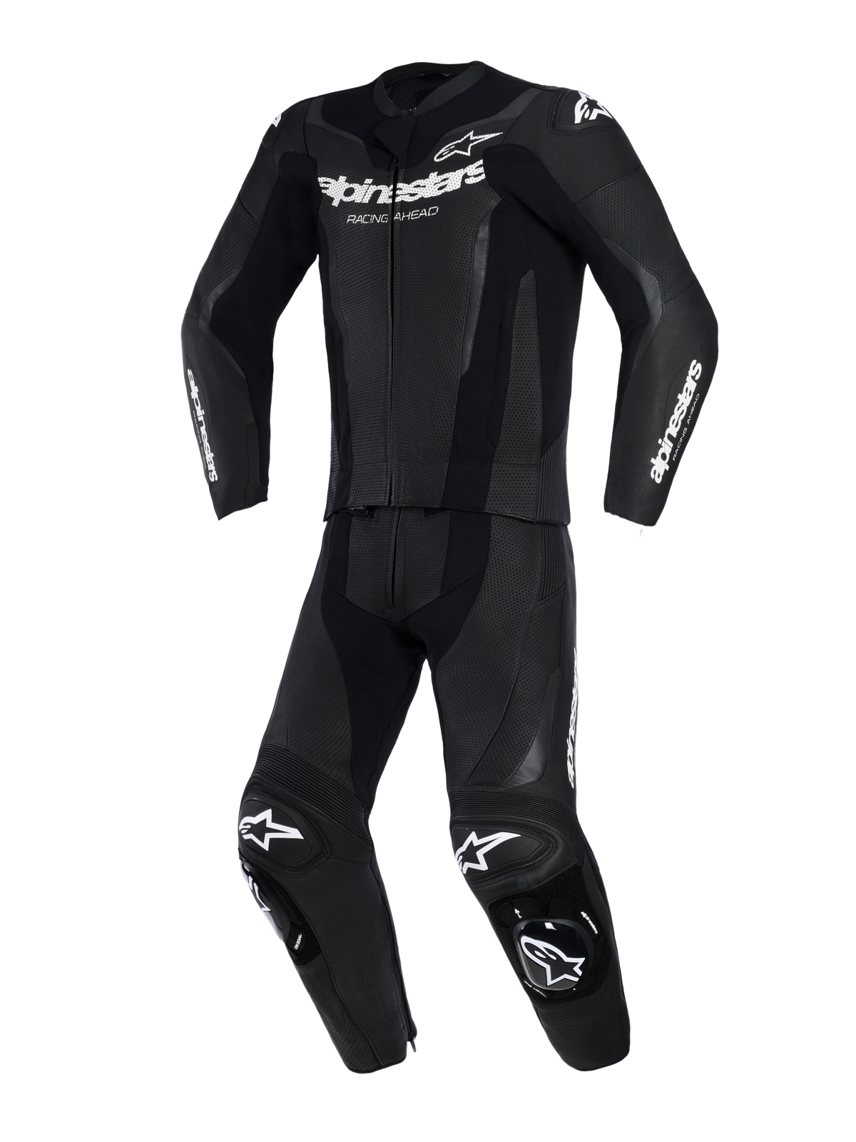 Alpinestars GP Force V2 2-Piece Leather Suit, Black, front view, perforated leather panels, white Alpinestars logos on chest and sleeves, integrated knee sliders, performance track and sport riding gear