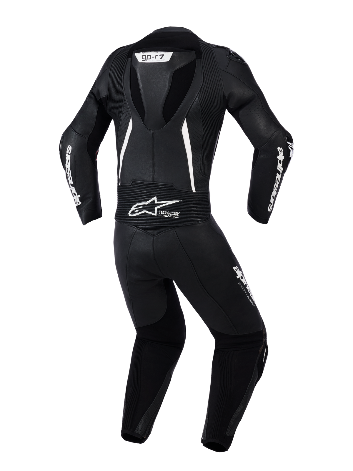 Alpinestars Stella GP-R7 2-Piece Leather Suit, damski dwuczęściowy kombinezon skórzany, widok z tyłu w kolorze czarnym z białymi akcentami, zintegrowany garb aerodynamiczny, harmonijkowe panele elastyczne na ramionach i plecach, perforowana skóra zapewniająca wentylację, wyraźne logo Alpinestars.