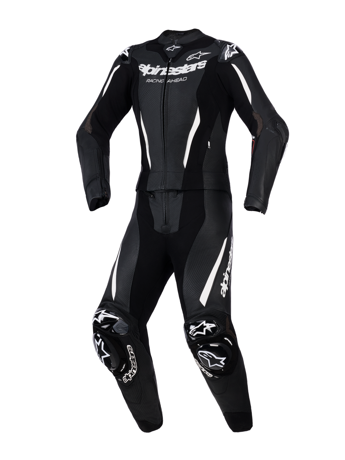 Alpinestars Stella GP-R7 2-Piece Leather Suit, damski dwuczęściowy kombinezon motocyklowy, czarny z białymi akcentami i logo, perforowana skóra dla wentylacji, zewnętrzne ochraniacze DFS na ramionach i kolanach, sportowy, profilowany krój