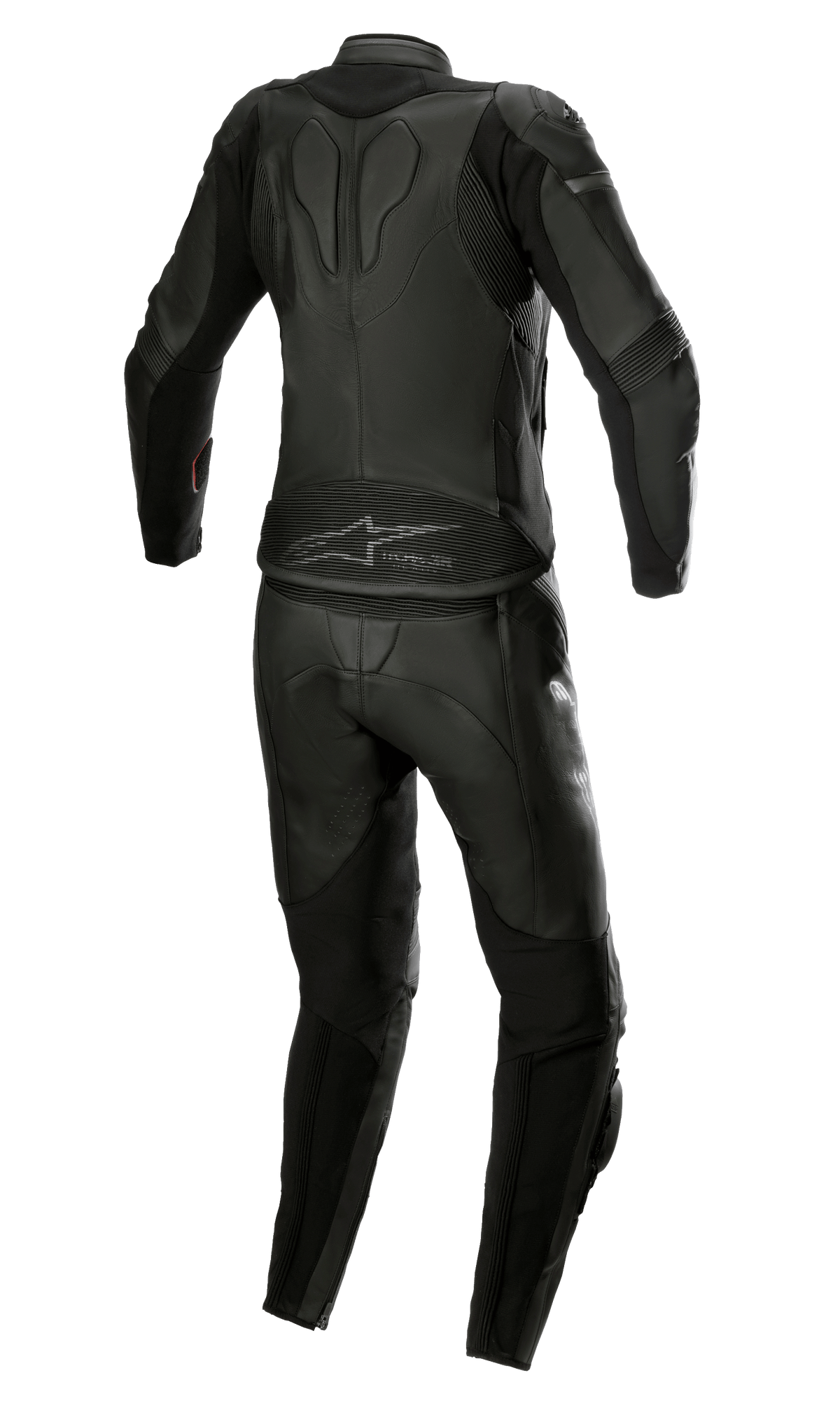 Damski dwuczęściowy kombinezon skórzany Alpinestars Stella GP Plus, czarny i metaliczny szary, widok z tyłu prezentujący opływowy design z harmonijkowymi panelami elastycznymi, ochronna skórzana konstrukcja i logo Alpinestars na dole pleców, krój wyścigowy dopasowany do kobiecej sylwetki