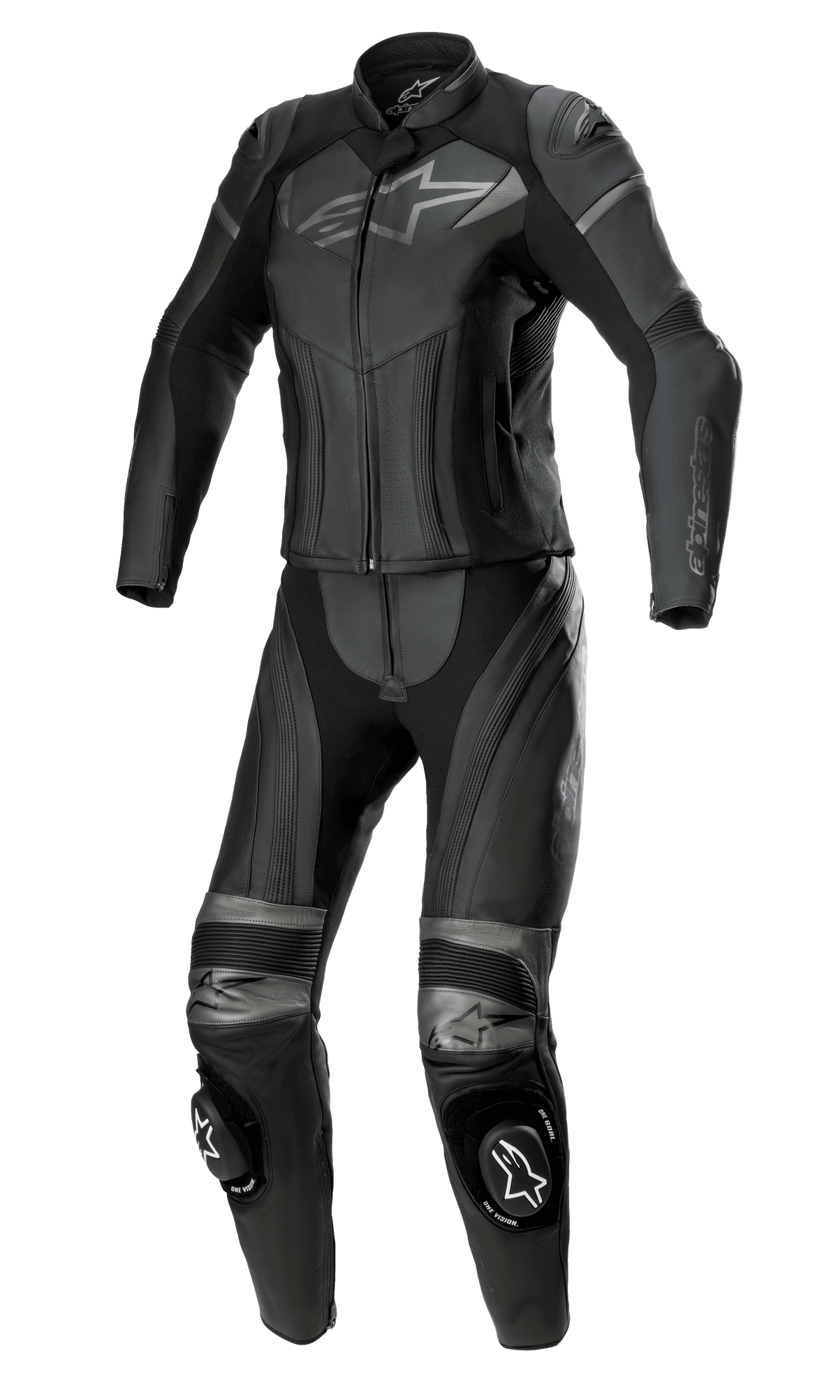 Alpinestars Stella GP Plus 2-Piece Leather Suit, damski dwuczęściowy kombinezon skórzany, czarny metaliczny szary, szare logo Alpinestars na klatce piersiowej i kolanach, skórzane panele elastyczne typu akordeon, slidery na kolanach, profesjonalna odzież wyścigowa dopasowana do kobiecej sylwetki