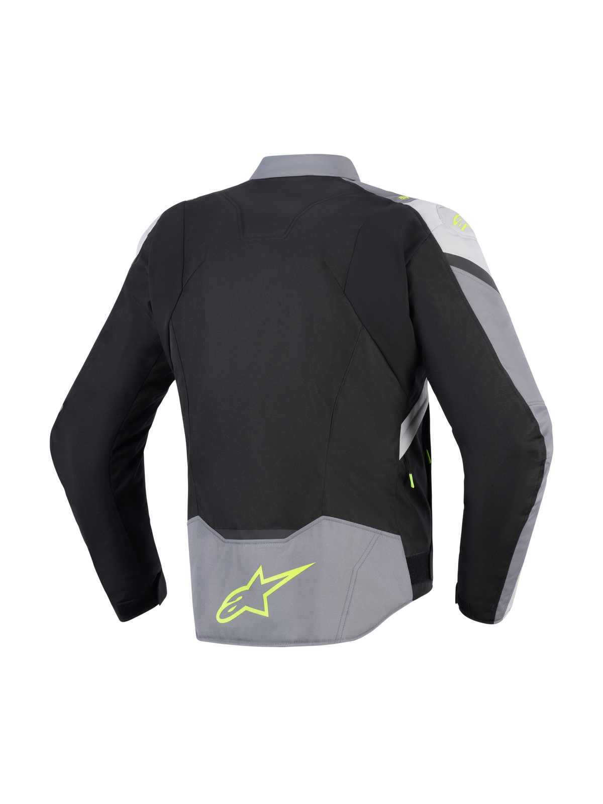Alpinestars T-Jaws V4 Waterproof Jacket, widok z tyłu, czarna, lodowo-szara i ciemnoszara, tekstylna kurtka motocyklowa z jaskrawożółtymi akcentami i logo na dole pleców, sportowy krój z przedłużonym tyłem