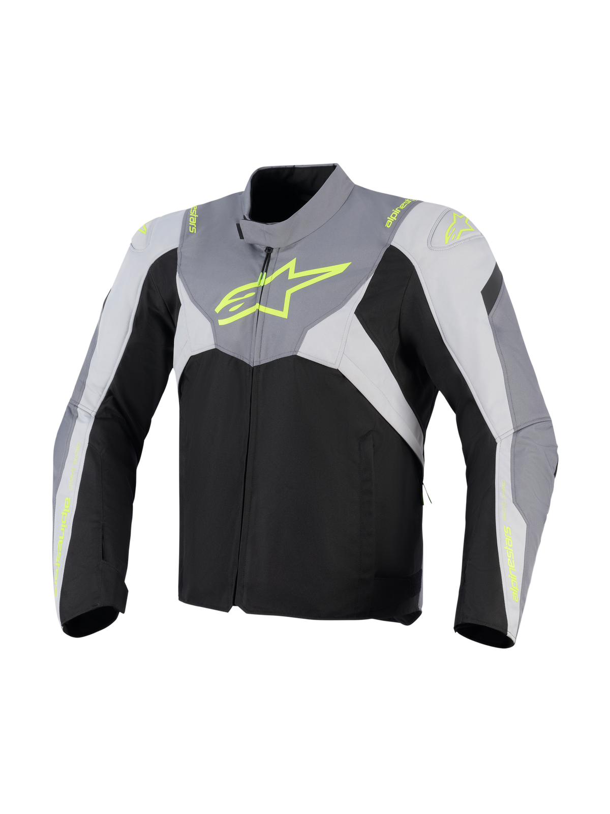 Alpinestars T-Jaws V4 Waterproof Jacket, tekstylna kurtka motocyklowa, czarna, jasnoszara i ciemnoszara z neonowożółtymi detalami, duże neonowe logo na klatce piersiowej, ochronne panele na ramionach