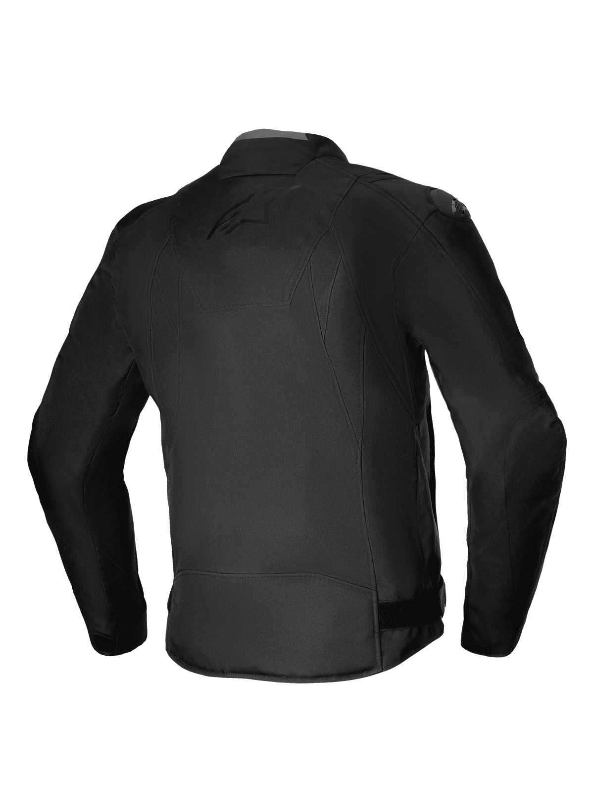 Kurtka Alpinestars T-SP 1 V2 Waterproof, tekstylna kurtka motocyklowa, czarna, widok z tyłu prezentujący sportową sylwetkę 3D, slidery ramion DFS Lite i subtelne tonalne logo na plecach, wytrzymała odzież motocyklowa na każdą pogodę