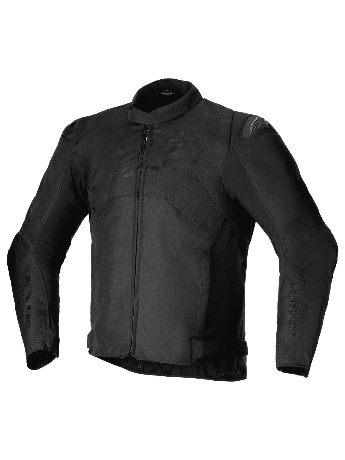 Alpinestars T-SP 1 V2 Waterproof Jacket, czarna sportowa tekstylna kurtka motocyklowa, niskoprofilowy kołnierz, długie profilowane rękawy, zapięcie na zamek z przodu, ślizgacze ramion DFS Lite, tonalne logo Alpinestars na piersi