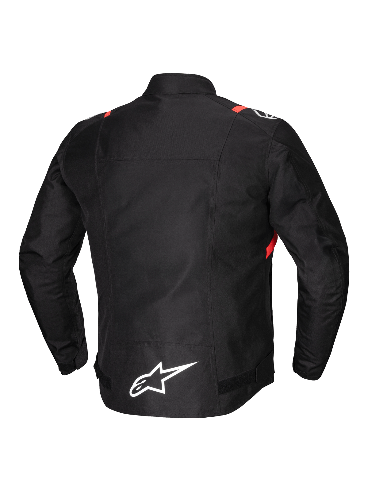 Alpinestars T-SPS V2 Waterproof Jacket, męska motocyklowa kurtka tekstylna, widok z tyłu, czarna z białymi i czerwonymi akcentami fluo, elementy odblaskowe i przedłużony tył