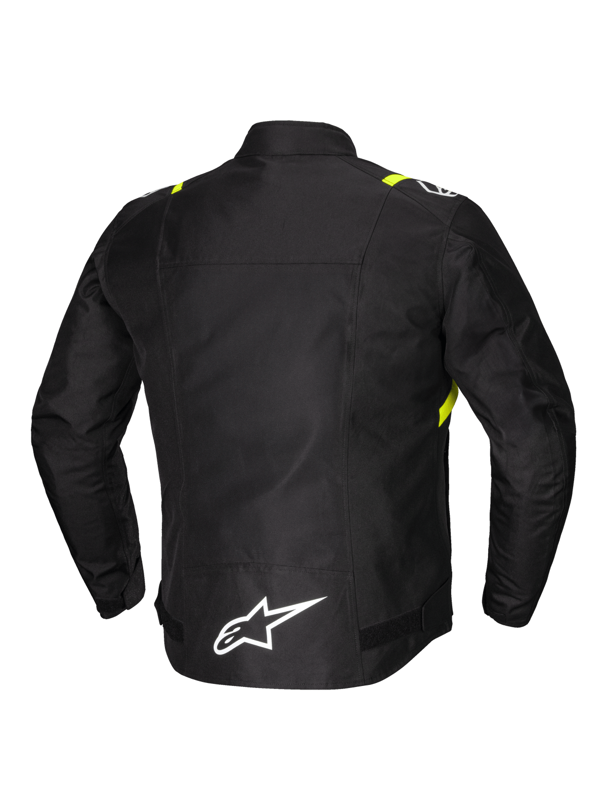 Alpinestars T-SPS V2 Waterproof Jacket, męska sportowa tekstylna kurtka motocyklowa, widok z tyłu przedstawiający detale odblaskowe i białe logo na przedłużonym dole pleców, czarna z białymi i żółtymi fluo akcentami