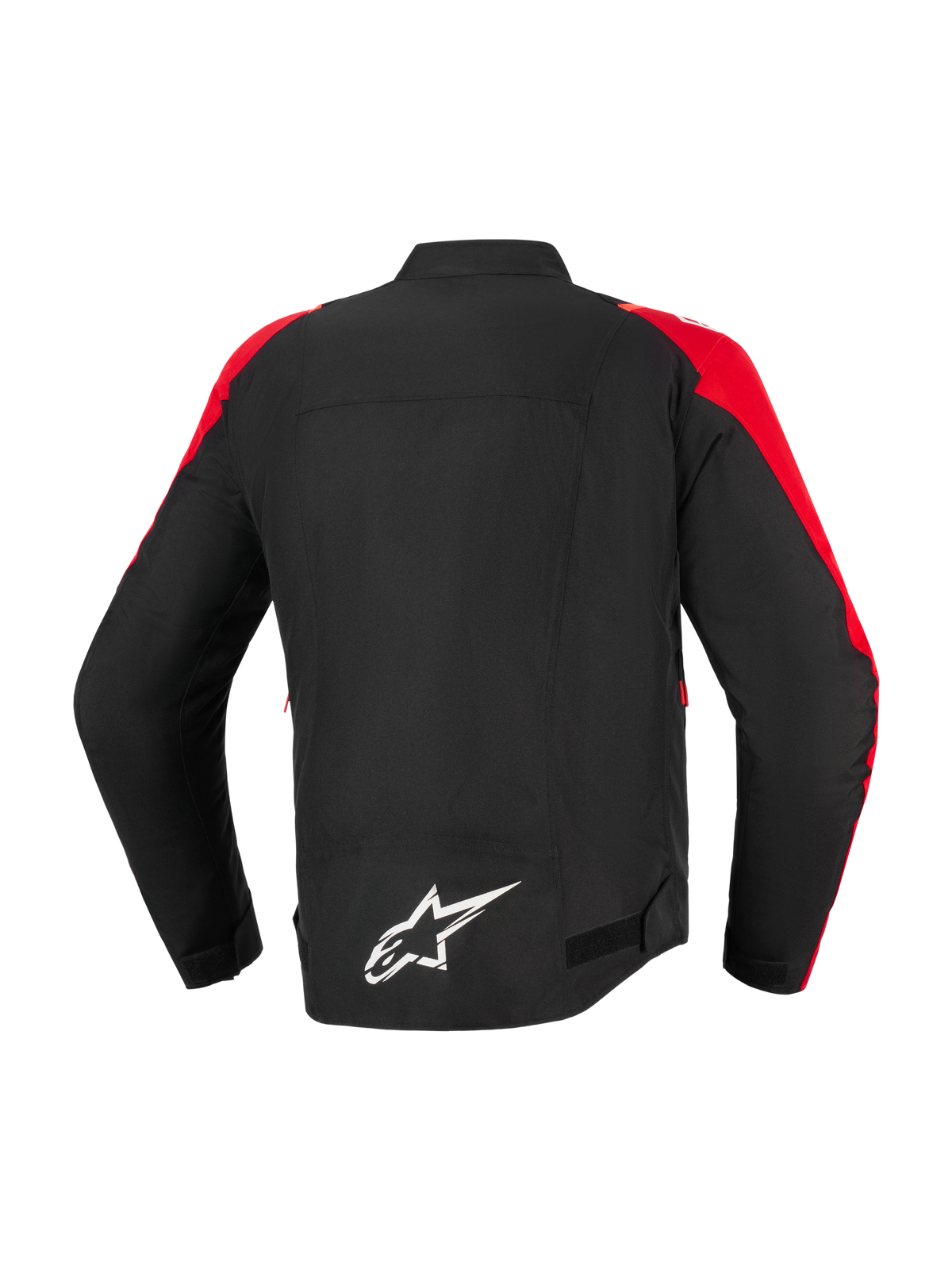 Alpinestars T-SPS V2 Waterproof Jacket, kurtka motocyklowa, czarna z czerwonymi akcentami, widok z tyłu z białym logo Alpinestars na dole pleców, sportowy krój tekstylny do jazdy miejskiej i szosowej