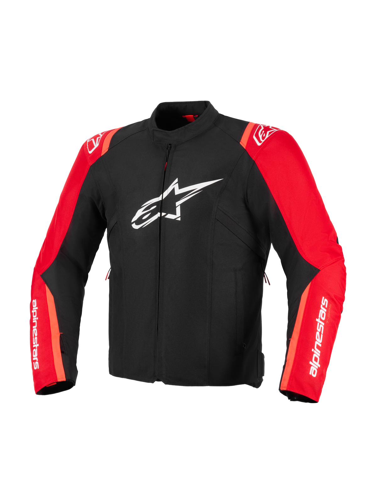 Alpinestars T-SPS V2 Waterproof Jacket, czarno-czerwona (Red Fluo), tekstylna kurtka motocyklowa, białe logo gwiazdy Alpinestars na klatce piersiowej i białe napisy na rękawach, sportowy krój inspirowany wyścigami