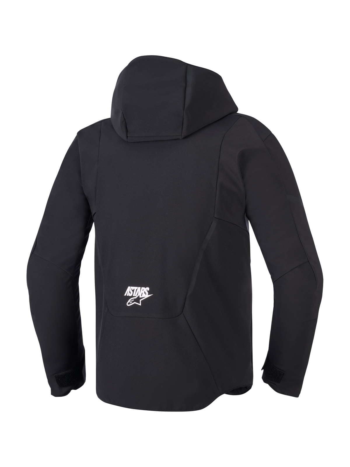 Alpinestars Aeroshell Waterproof Jacket, męska kurtka motocyklowa softshell, czarna, widok z tyłu z kapturem i białym logo ASTARS, wodoodporna konstrukcja techniczna.