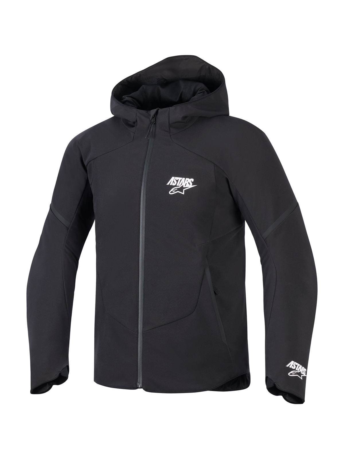 Alpinestars Aeroshell Waterproof, męska czarna kurtka motocyklowa softshell z kapturem i białym logo ASTARS.