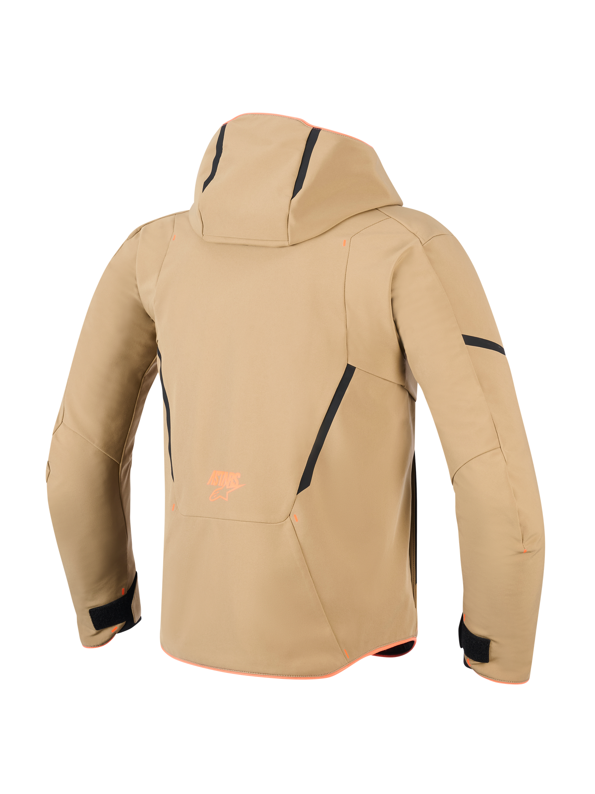 Wodoodporna kurtka Alpinestars Aeroshell, widok z tyłu, kolor ciemne khaki z czarnymi i jaskrawopomarańczowymi akcentami, z kapturem, czarnymi kontrastowymi liniami i pomarańczowym brandingiem, sportowa motocyklowa bluza softshell