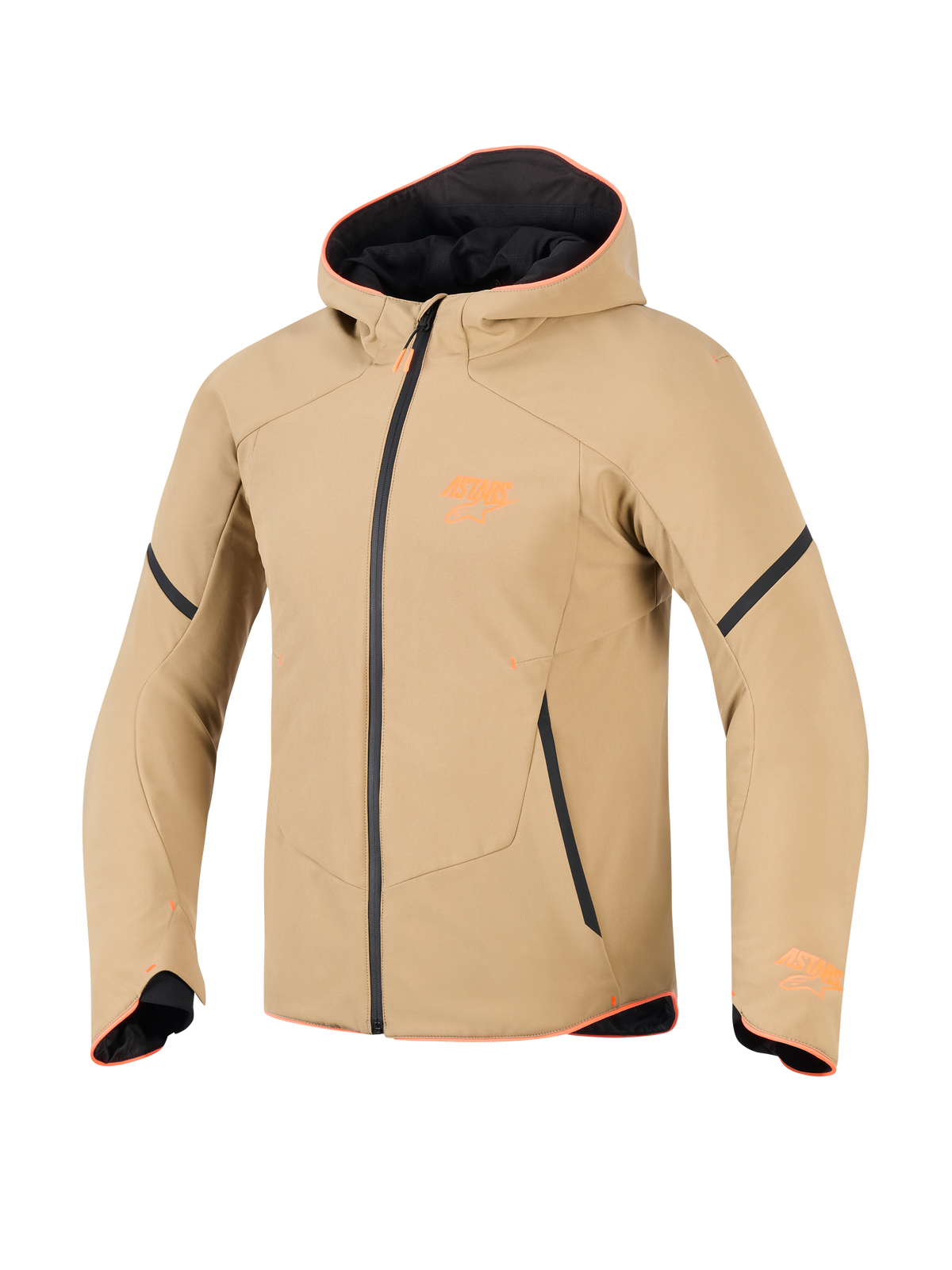 Alpinestars Aeroshell Waterproof Jacket, kolor ciemny khaki z czarnymi i pomarańczowymi (Orange Fluo) akcentami, sportowy fason bluzy z kapturem softshell, techniczna odzież motocyklowa z pomarańczowym wykończeniem i logo na piersi