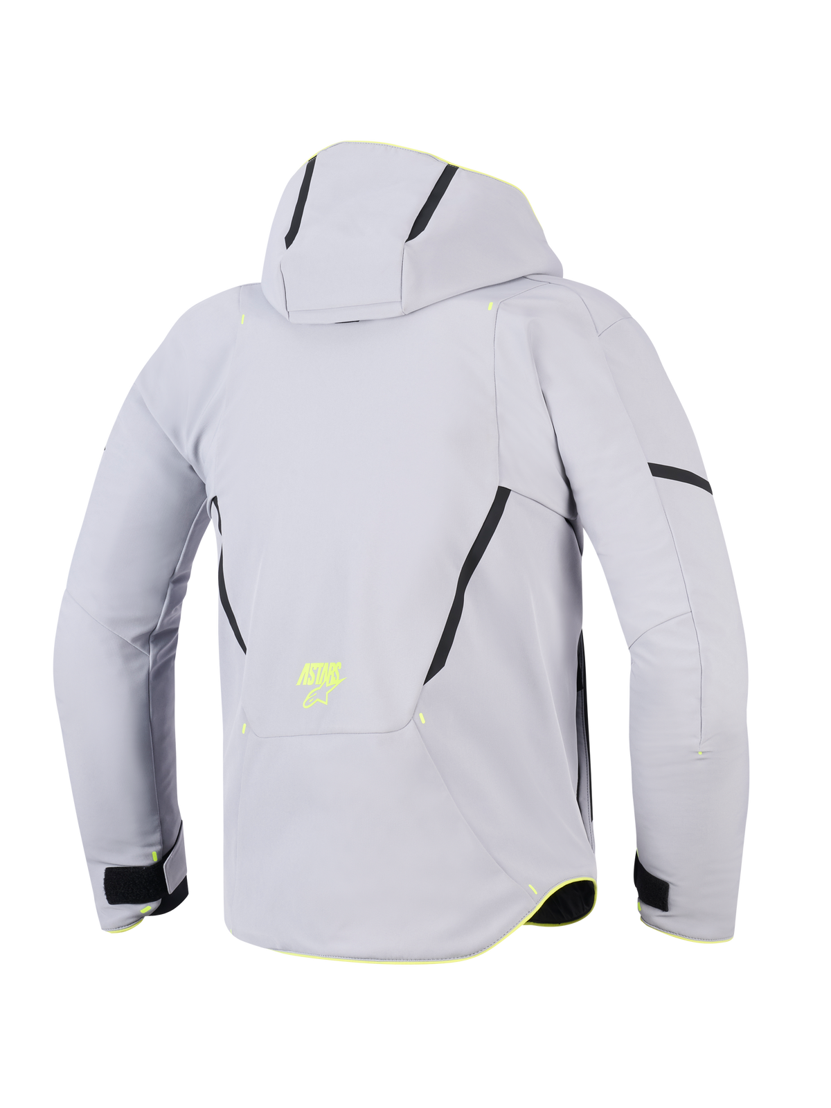 Alpinestars Aeroshell Waterproof Jacket, Mid Gray Yellow Fluo, widok z tyłu motocyklowej kurtki z kapturem, jasnoszary tekstylny softshell z czarnymi ukośnymi akcentami, żółte fluorescencyjne logo ASTARS w dolnej części pleców, nowoczesny sportowy design.