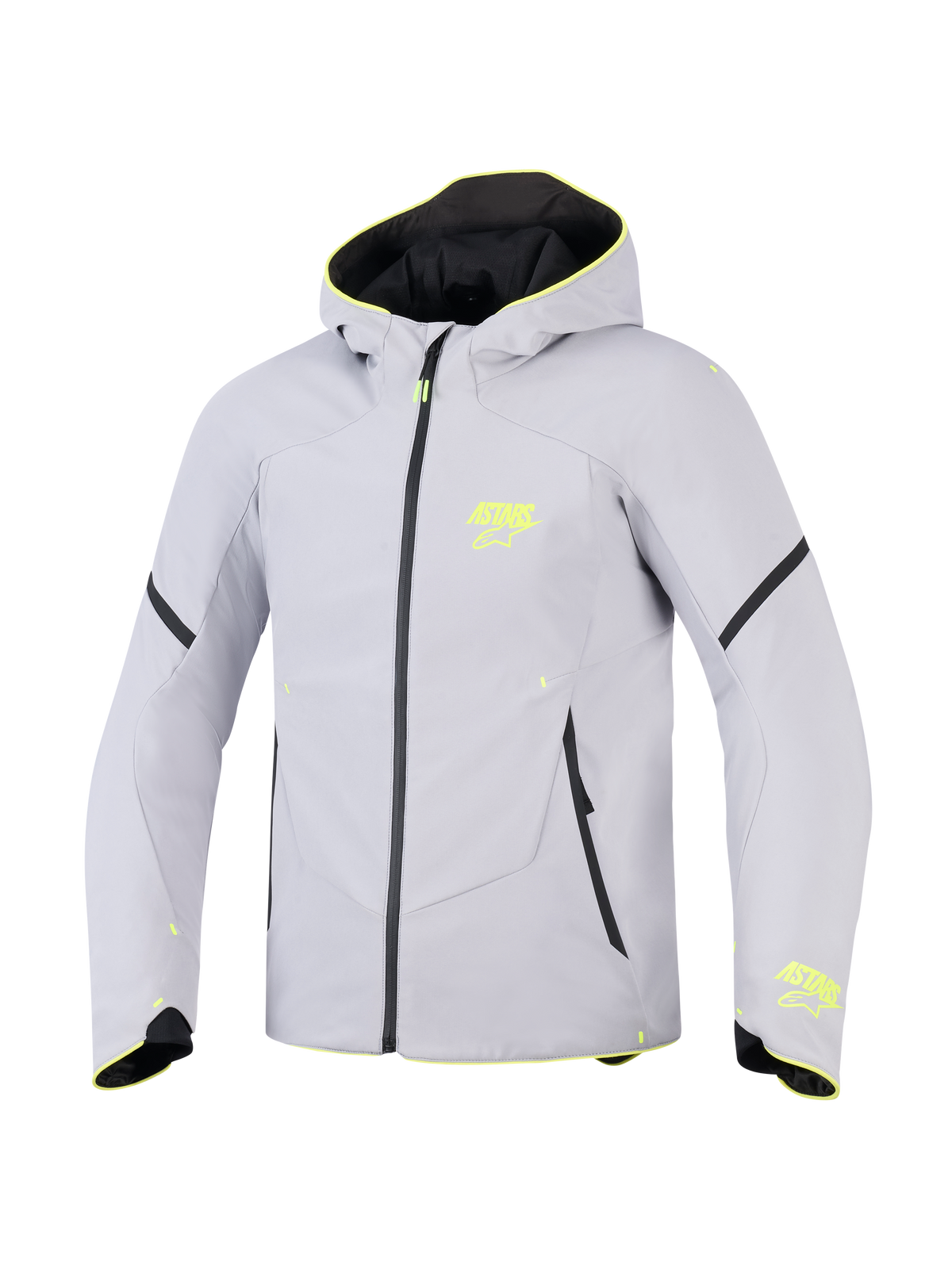 Alpinestars Aeroshell Waterproof Jacket, wodoodporna kurtka motocyklowa softshell z kapturem, szara z neonowożółtymi akcentami i logotypami ASTARS, czarny zamek, nowoczesny sportowy krój