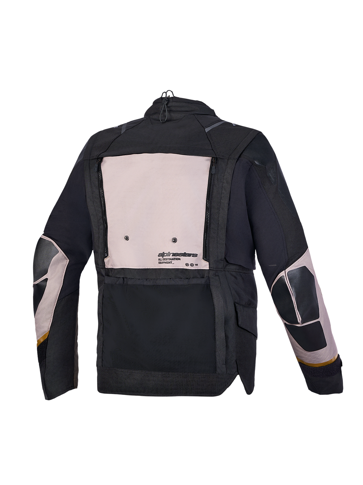Alpinestars Harok V2 Drystar, kurtka motocyklowa adventure, aluminiowa, w kolorze orzecha włoskiego i czarnym, widok z tyłu przedstawiający modułowe panele wentylacyjne i funkcje przechowywania