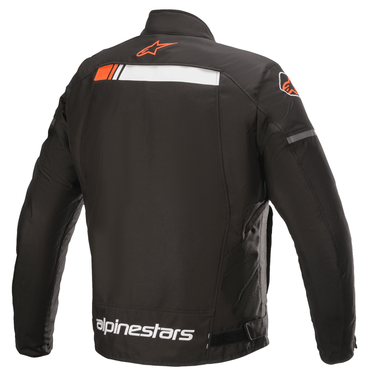 Alpinestars T-SP S Ignition Waterproof Jacket, kurtka motocyklowa, czarna, biała i czerwona fluo, widok z tyłu z białym i fluorescencyjnym czerwonym poziomym pasem na ramionach, logo Alpinestars na kołnierzu i w dolnej części pleców, wytrzymała konstrukcja tekstylna do jazdy miejskiej.
