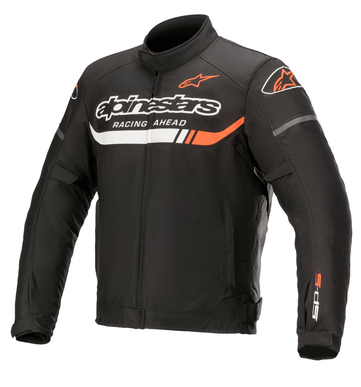 Alpinestars T-SP S Ignition Waterproof Jacket, czarna tekstylna kurtka motocyklowa z białymi i jaskrawoczerwonymi akcentami, logo Alpinestars oraz napis „Racing Ahead” na klatce piersiowej, logo SP-S na rękawie, wysoki kołnierz i regulacja w talii