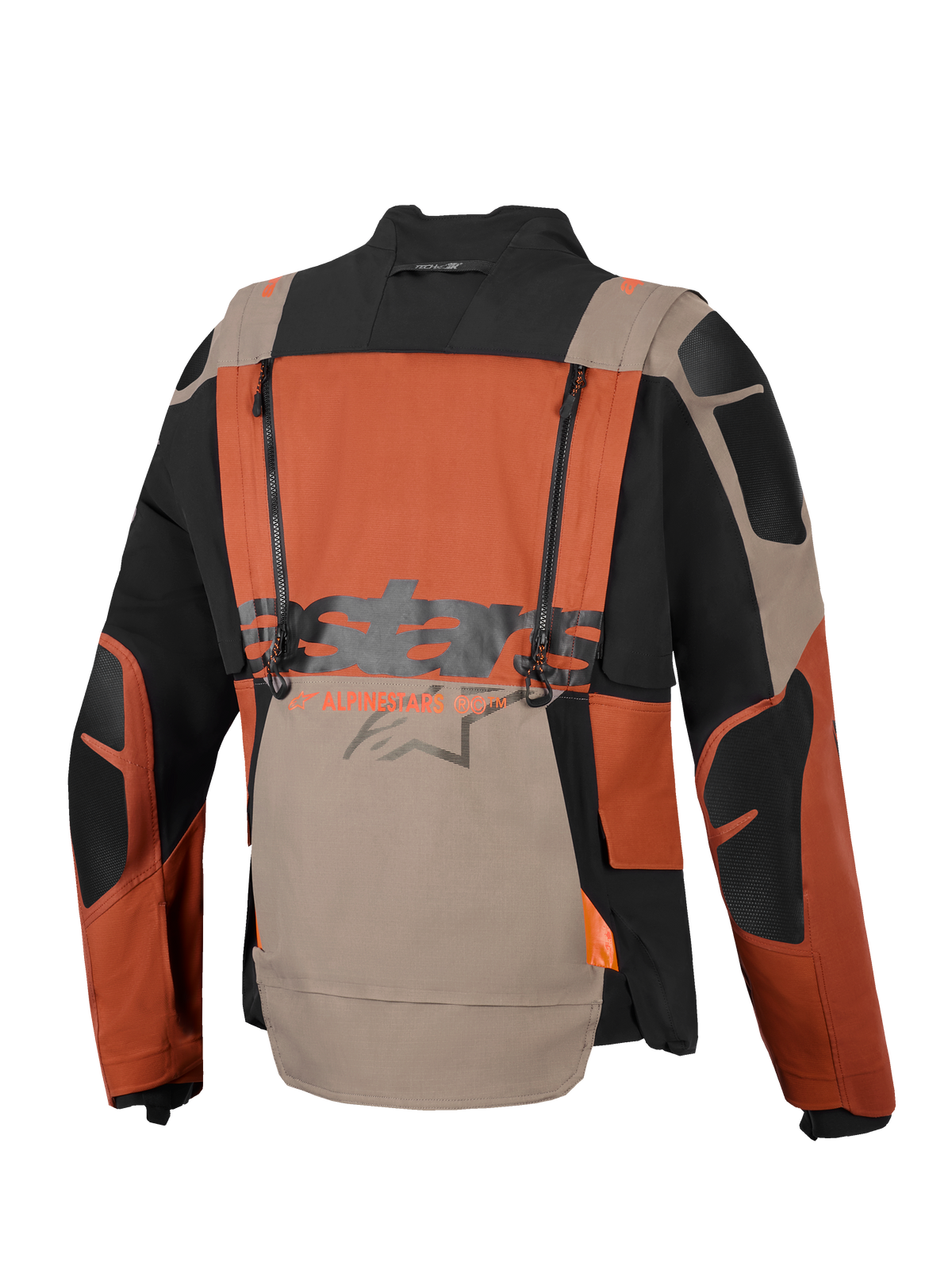 Alpinestars Halo Pro Drystar® XF Laminated Jacket, kurtka motocyklowa typu Adventure, kolor orzechowy, rdzawy i czarny, widok z tyłu z pionowymi zamkami wentylacyjnymi, duże logo Alpinestars w centralnej części, wytrzymała tekstylna konstrukcja ripstop