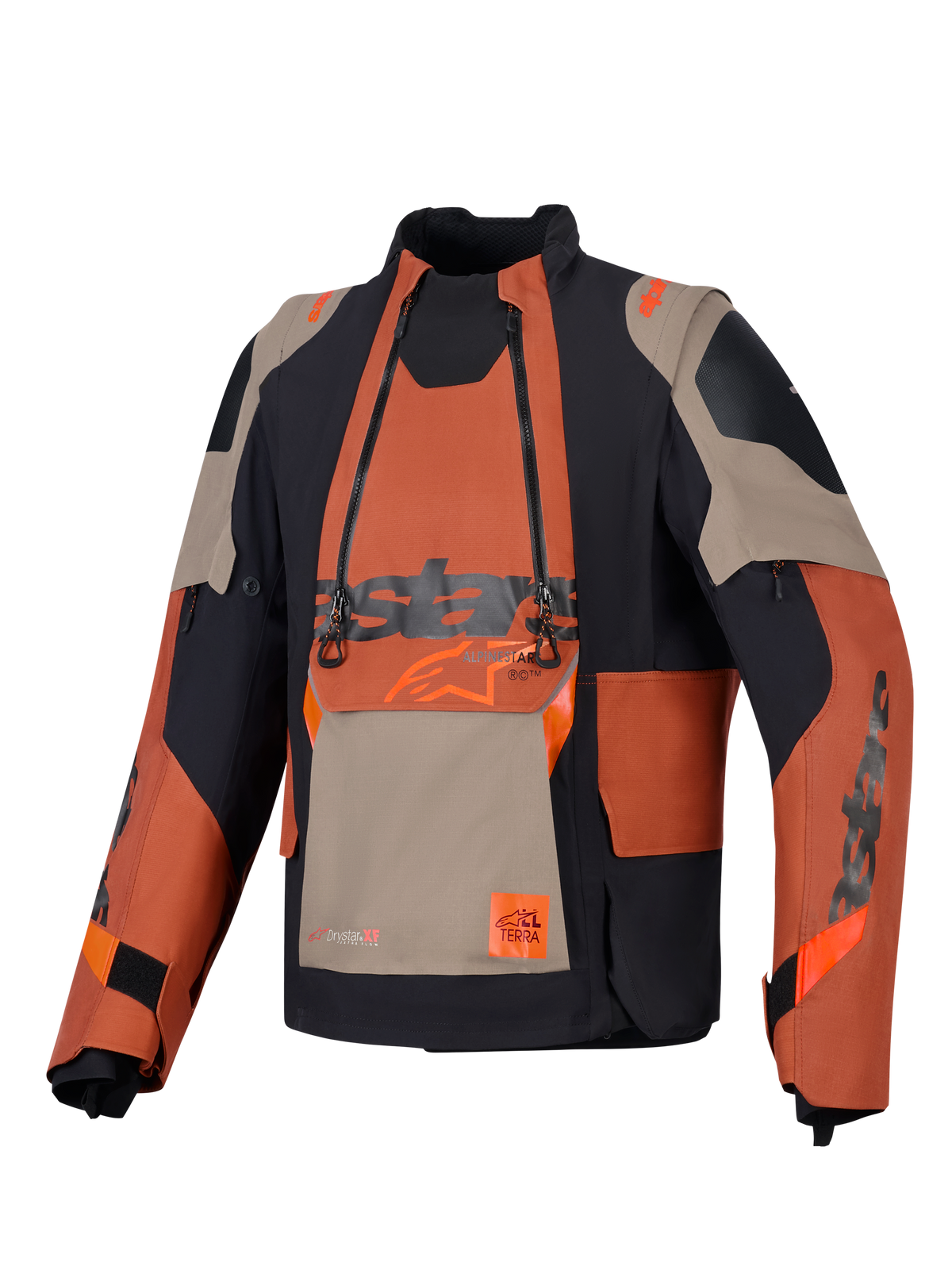 Laminowana kurtka Alpinestars Halo Pro Drystar® XF, motocyklowa kurtka adventure, kolor Walnut Rust Black, widok z przodu z modułowym panelem na klatce piersiowej i podwójnymi wodoodpornymi zamkami, wytrzymała konstrukcja tekstylna z beżowymi i pomarańczowymi panelami