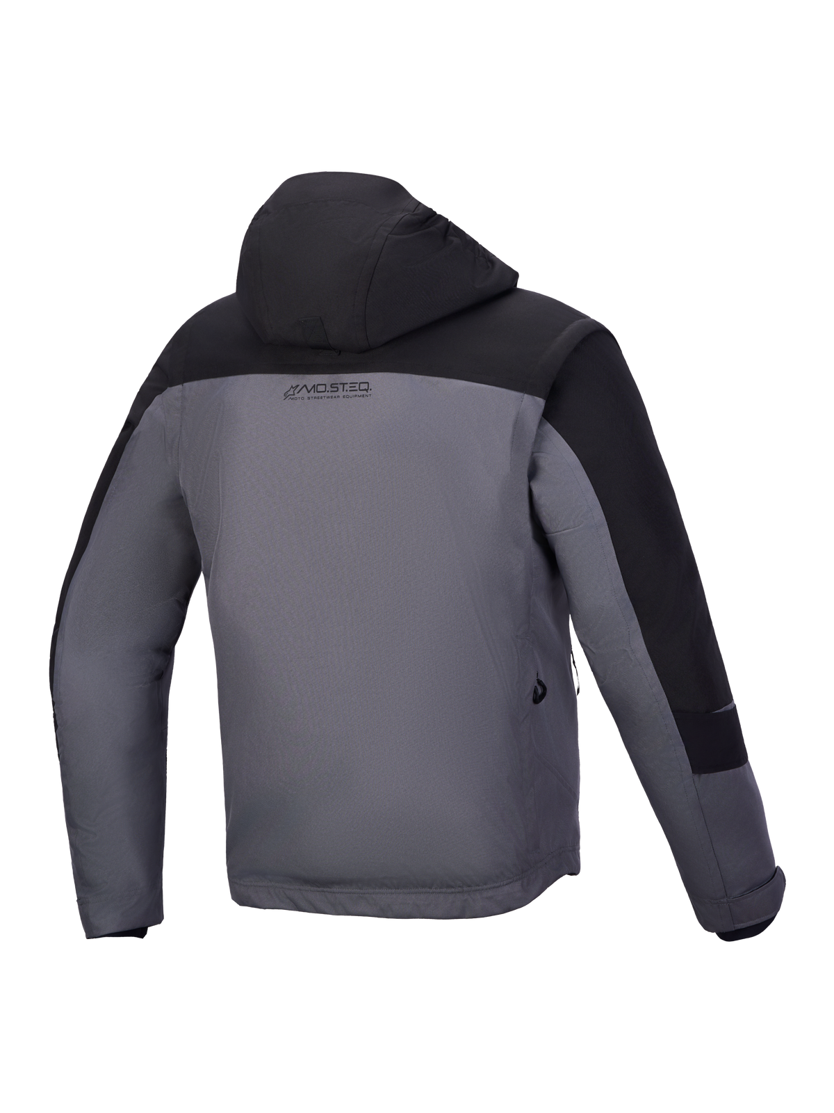 Alpinestars Morfex Parka WP, męska miejska kurtka motocyklowa z kapturem, szara i czarna, widok z tyłu prezentujący wodoodporną konstrukcję tekstylną