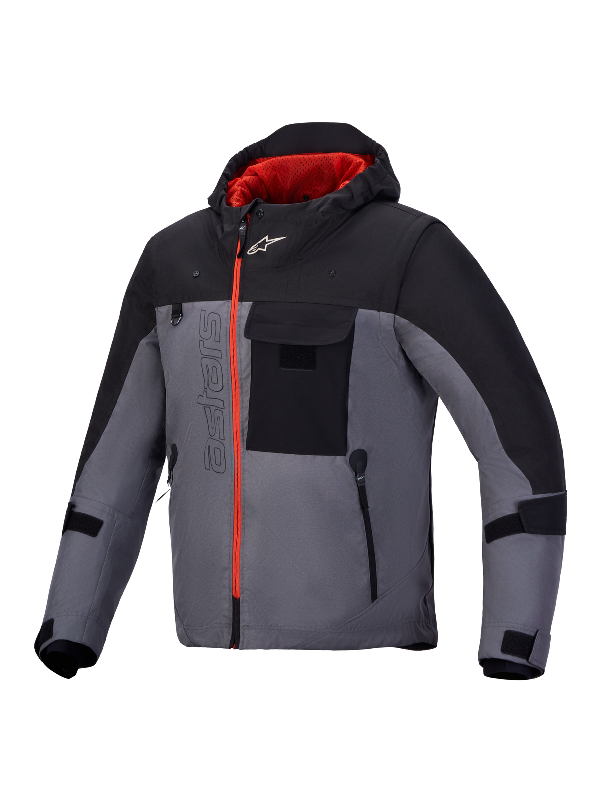 Alpinestars Morfex Parka Waterproof Jacket, miejska współczesna kurtka motocyklowa z wbudowanym kapturem, szara i czarna z czerwonymi akcentami i zamkiem