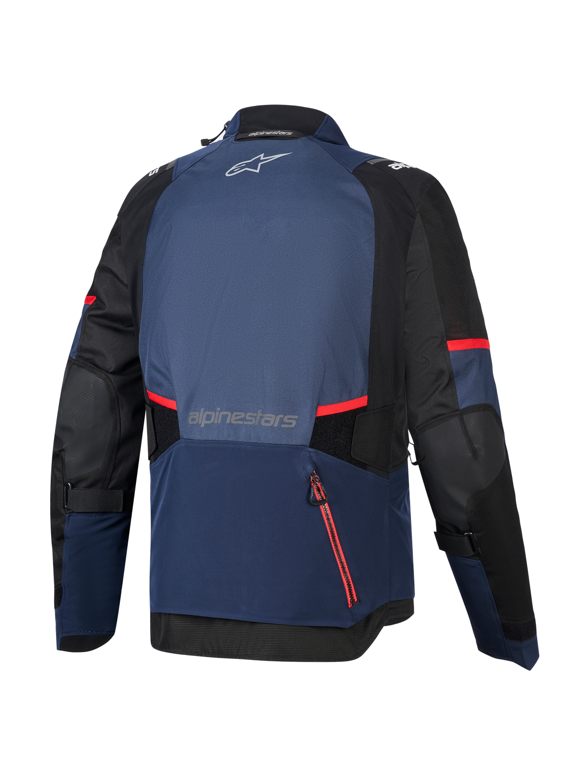 Alpinestars Andes V4 Drystar® Jacket, widok z tyłu, kolorystyka Night Navy, Mood Indigo i czarny, czerwone akcenty przy zamkach i paski, duża tylna wodoodporna komora, logo Alpinestars w górnej i dolnej części pleców, techniczna tekstylna kurtka adventure touring