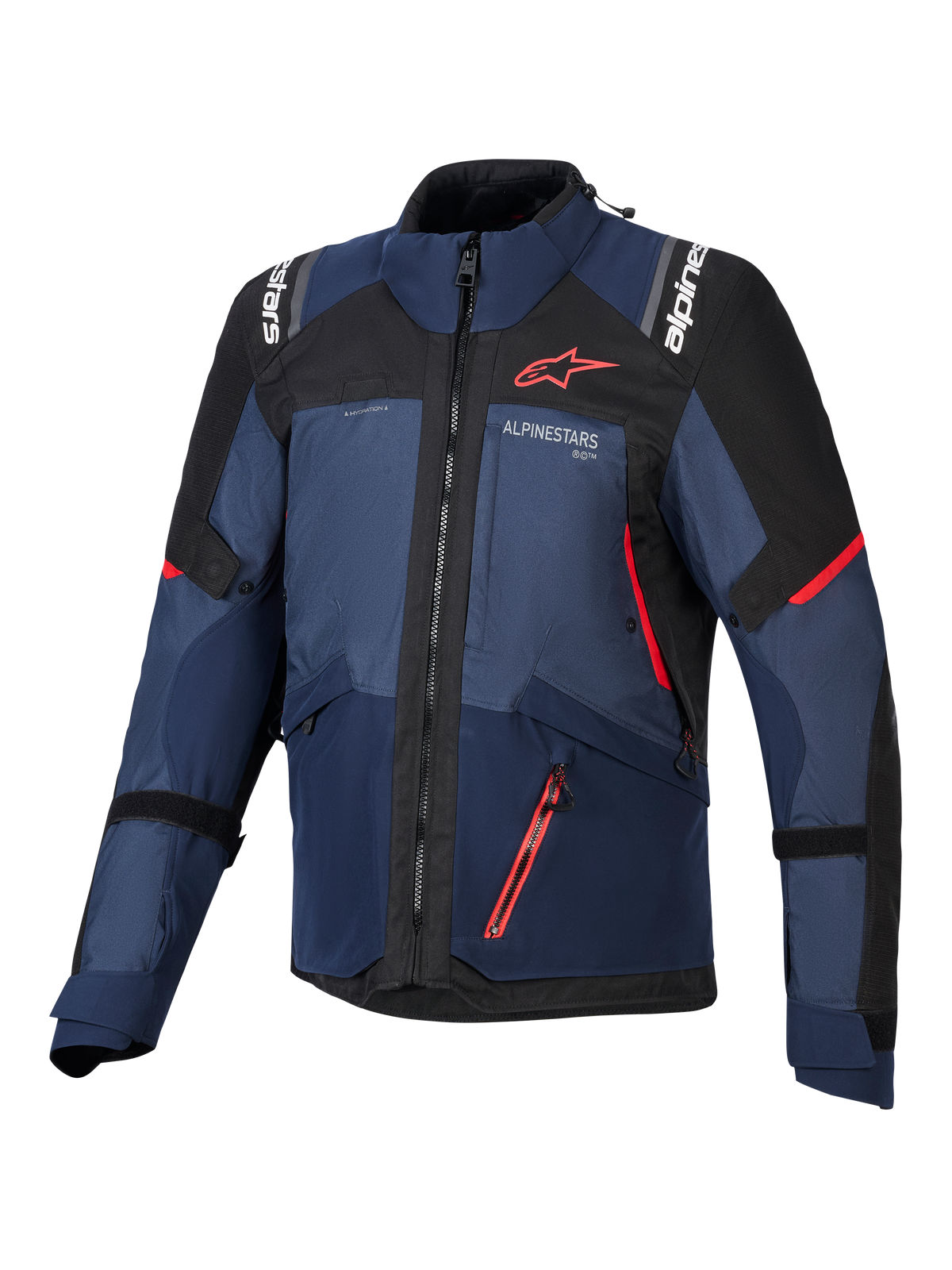 Alpinestars Andes V4 Drystar® Jacket, kurtka motocyklowa, kolory Night Navy Mood Indigo i czarny, widok z przodu z czerwonymi akcentami i białym logo Alpinestars na klatce piersiowej i ramionach, wytrzymała odzież tekstylna do jazdy motocyklowej adventure.