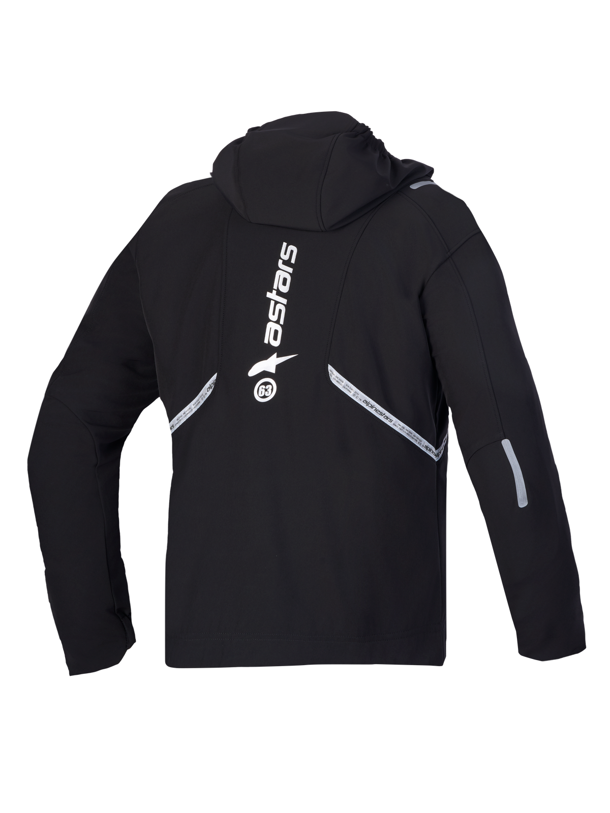 Alpinestars C 5 Drystar Kurtka, wodoodporna motocyklowa kurtka softshell, widok z tyłu w kolorze czarnym ze zintegrowanym kapturem, detalami odblaskowymi i dużą pionową białą grafiką logo