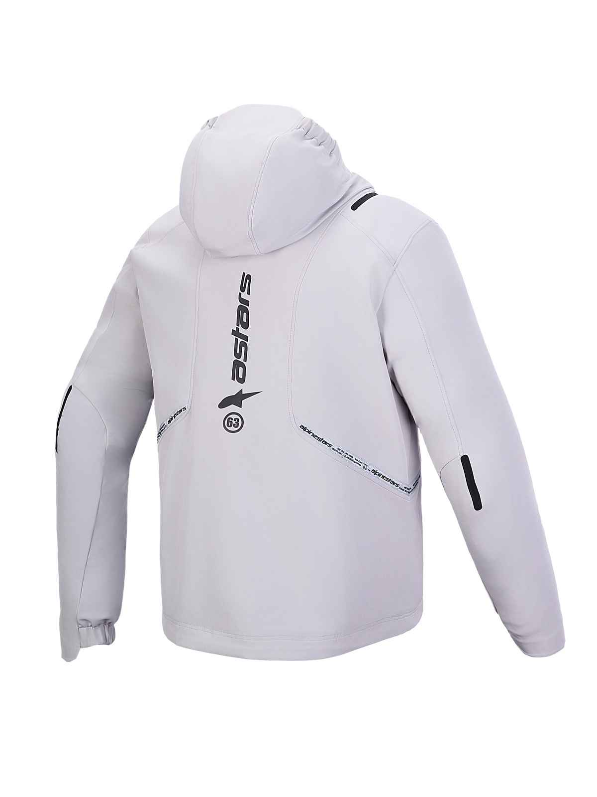 Alpinestars C-5 Drystar, wodoodporna kurtka motocyklowa z zintegrowanym kapturem, widok z tyłu, szara i czarna, softshell certyfikowany CE klasy A