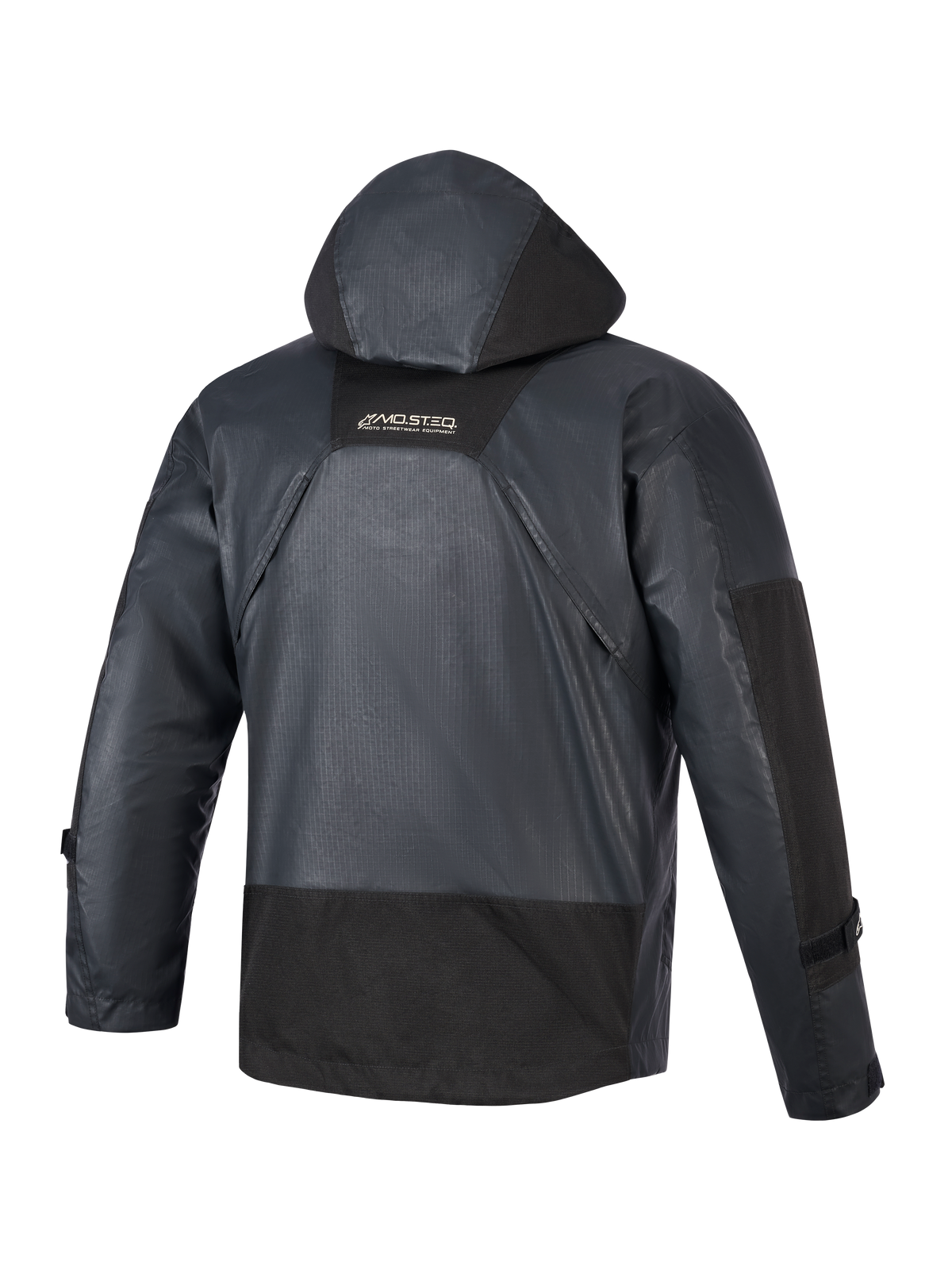 Alpinestars Mospher Waterproof Jacket, parka motocyklowa, czarna, widok z tyłu ukazujący zintegrowany kaptur i konstrukcję z materiału ripstop, branding MO.ST.EQ na górnej części pleców, taktyczny miejski design do jazdy w każdych warunkach pogodowych
