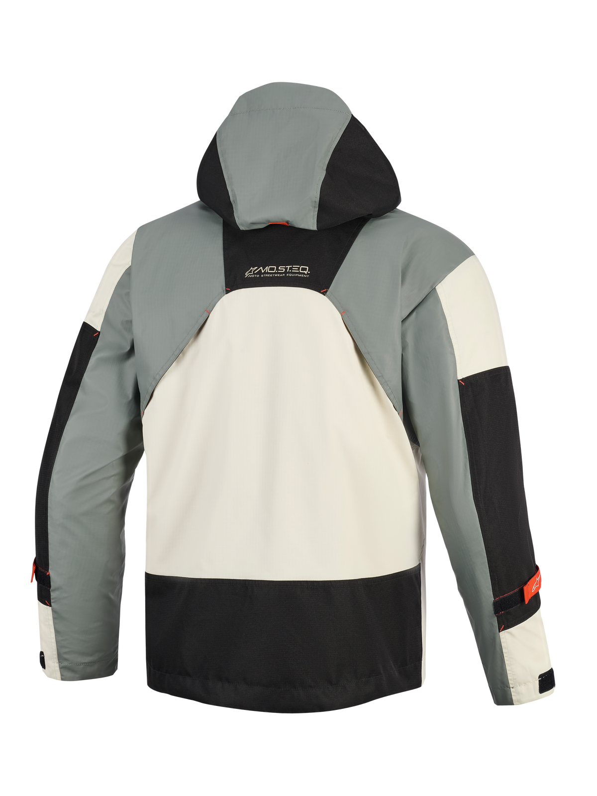 Alpinestars Mospher Waterproof Jacket w kolorze Fur Gray Black Ice, widok z tyłu, wielopanelowa konstrukcja inspirowana stylem militarnym z szarymi, czarnymi i lodowobiałymi sekcjami, zintegrowany kaptur, branding MO.ST.EQ w górnej części pleców.