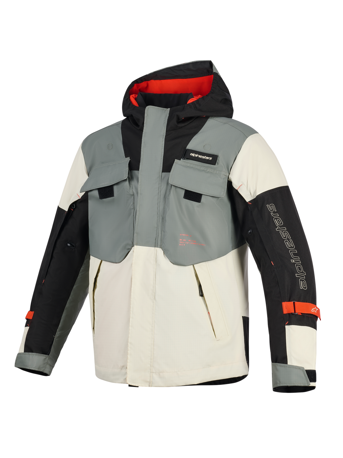 Kurtka wodoodporna Alpinestars Mospher, parka motocyklowa, Fur Gray Black Ice, charakteryzująca się taktycznym designem z wieloma kieszeniami, fasonem z kapturem z czerwonym wnętrzem oraz brandingiem Alpinestars na rękawie