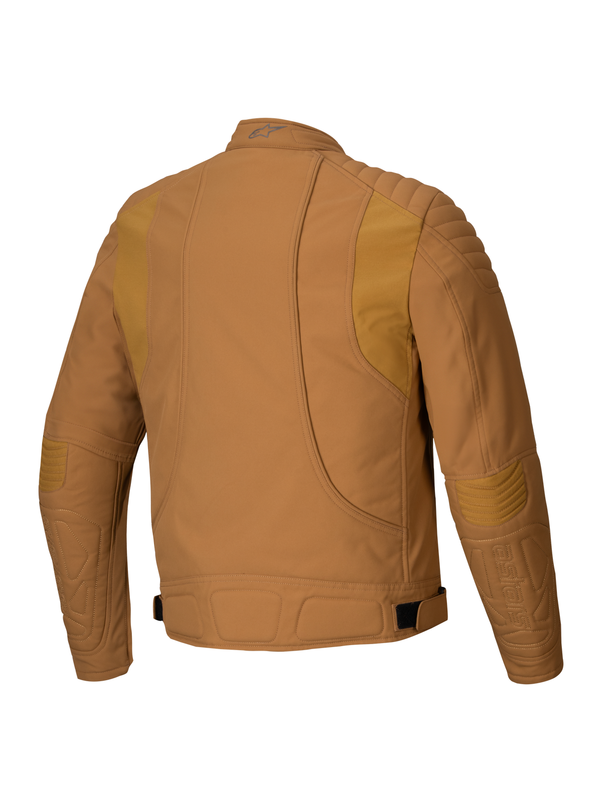 Kurtka Alpinestars Clayton WR, kurtka motocyklowa, kolor Utility Brown Light Gold, widok z tyłu prezentujący pikowane wzmocnienia na ramionach i łokciach, ergonomiczne zakrzywione linie i regulowane paski w talii, miejska odzież motocyklowa