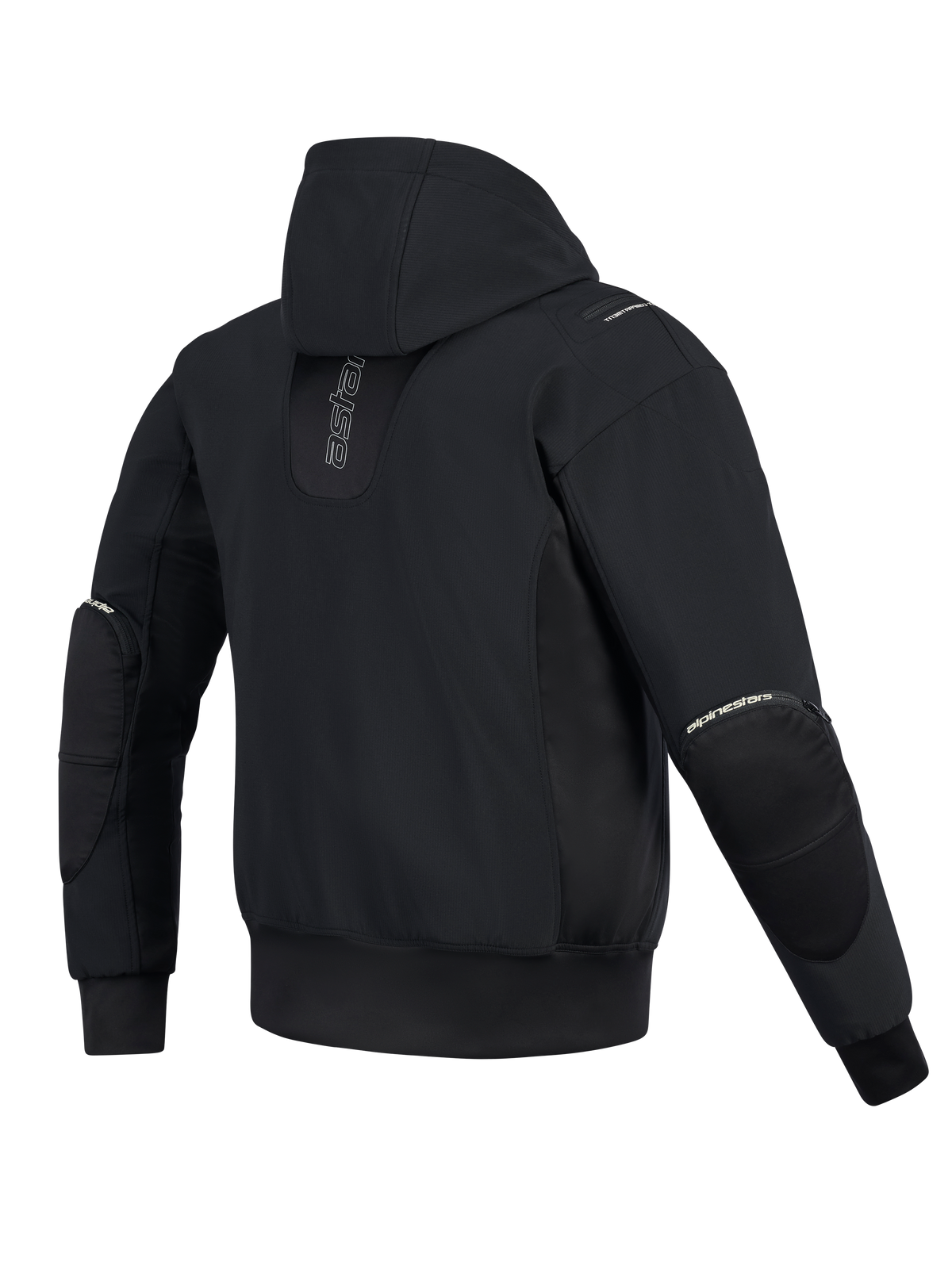 Alpinestars Moblast Waterproof Jacket, widok z tyłu, czarna, miejska bluza motocyklowa z pionowym brandingiem na plecach, techniczna konstrukcja softshell i ripstop ze stałym kapturem i zewnętrznymi zamkami na ochraniaczach łokci